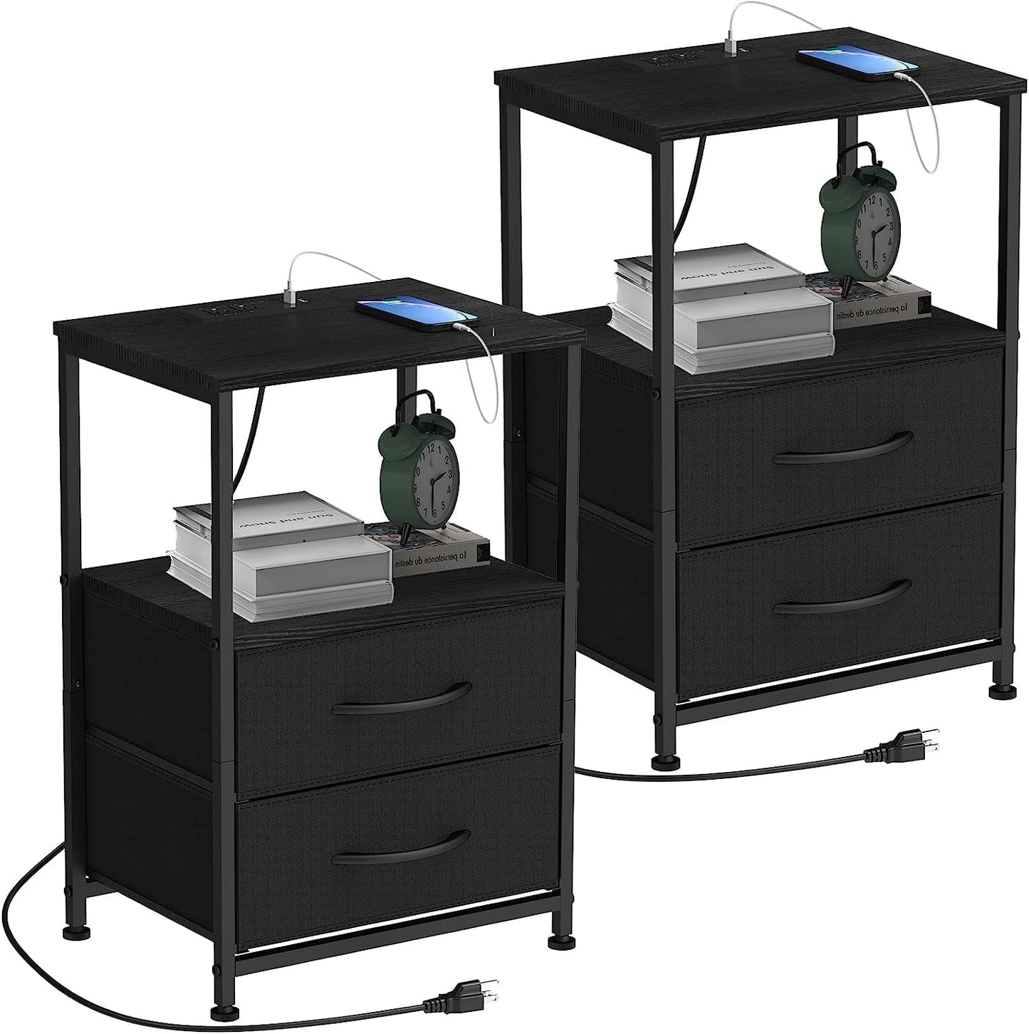 Oumilen Adult Modern Black Nightstand with 2 Fabric Drawers End Table with Charging Station Set of 2