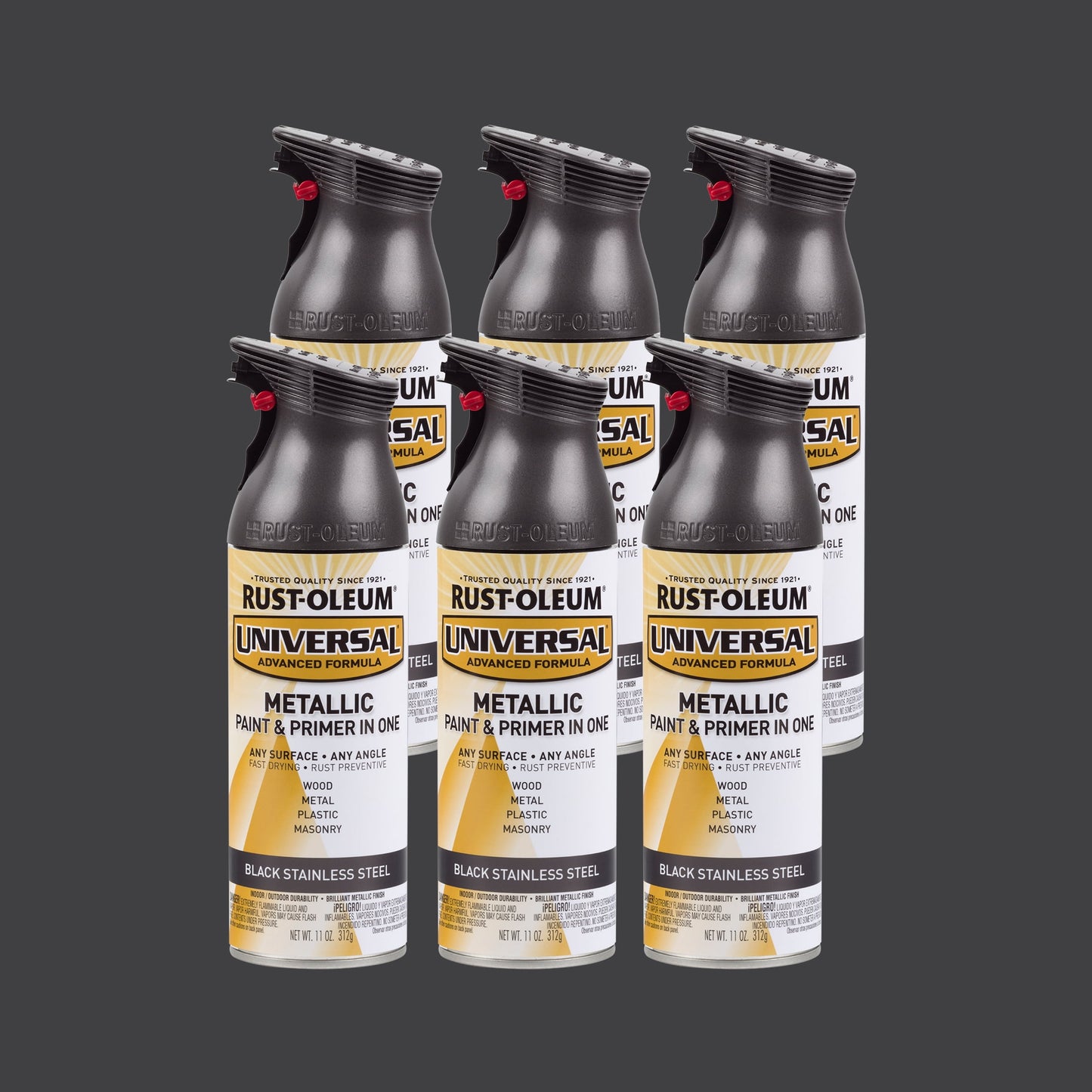 6 Pack, Black Stainless Steel, Rust-Oleum Universal All Surface Interior/Exterior Metallic Spray Paint-314558, 11 oz