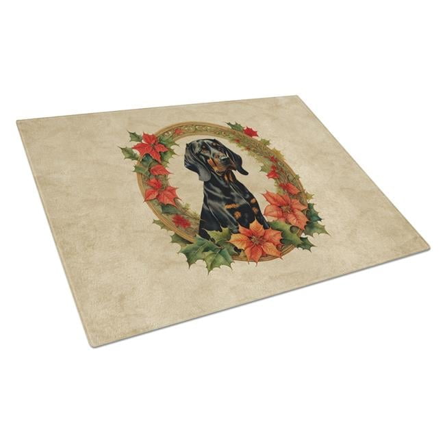 Black and Tan Coonhound Christmas Flowers Glass Cutting Board 12 in x 15 in