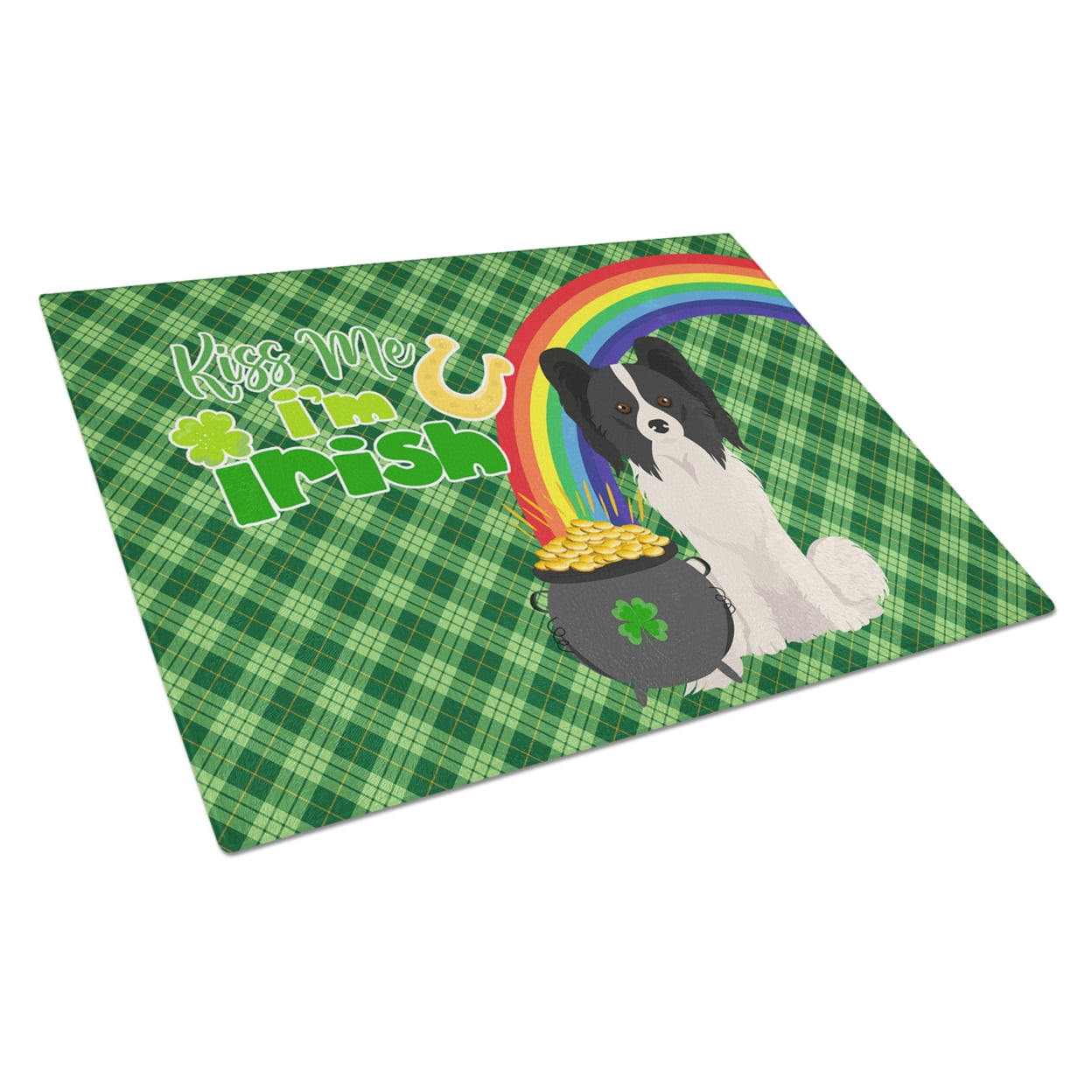 Black and White Papillon St. Patrick's Day Glass Cutting Board Large 12 in x 15 in