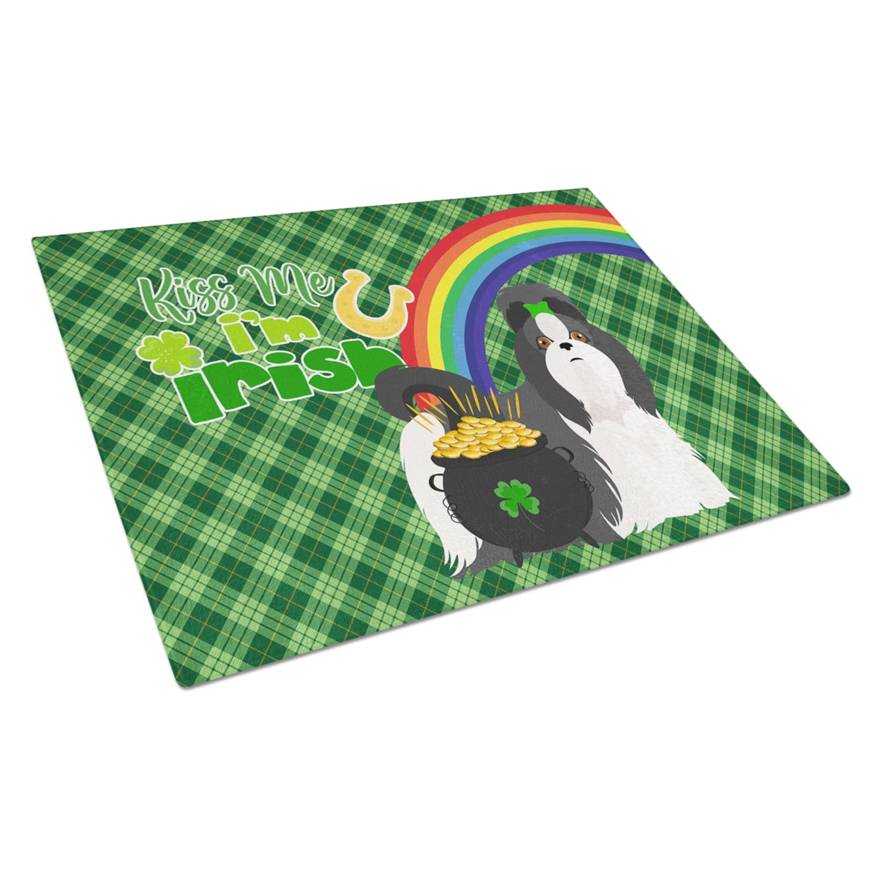 Black and White Shih Tzu St. Patrick's Day Glass Cutting Board Large 12 in x 15 in