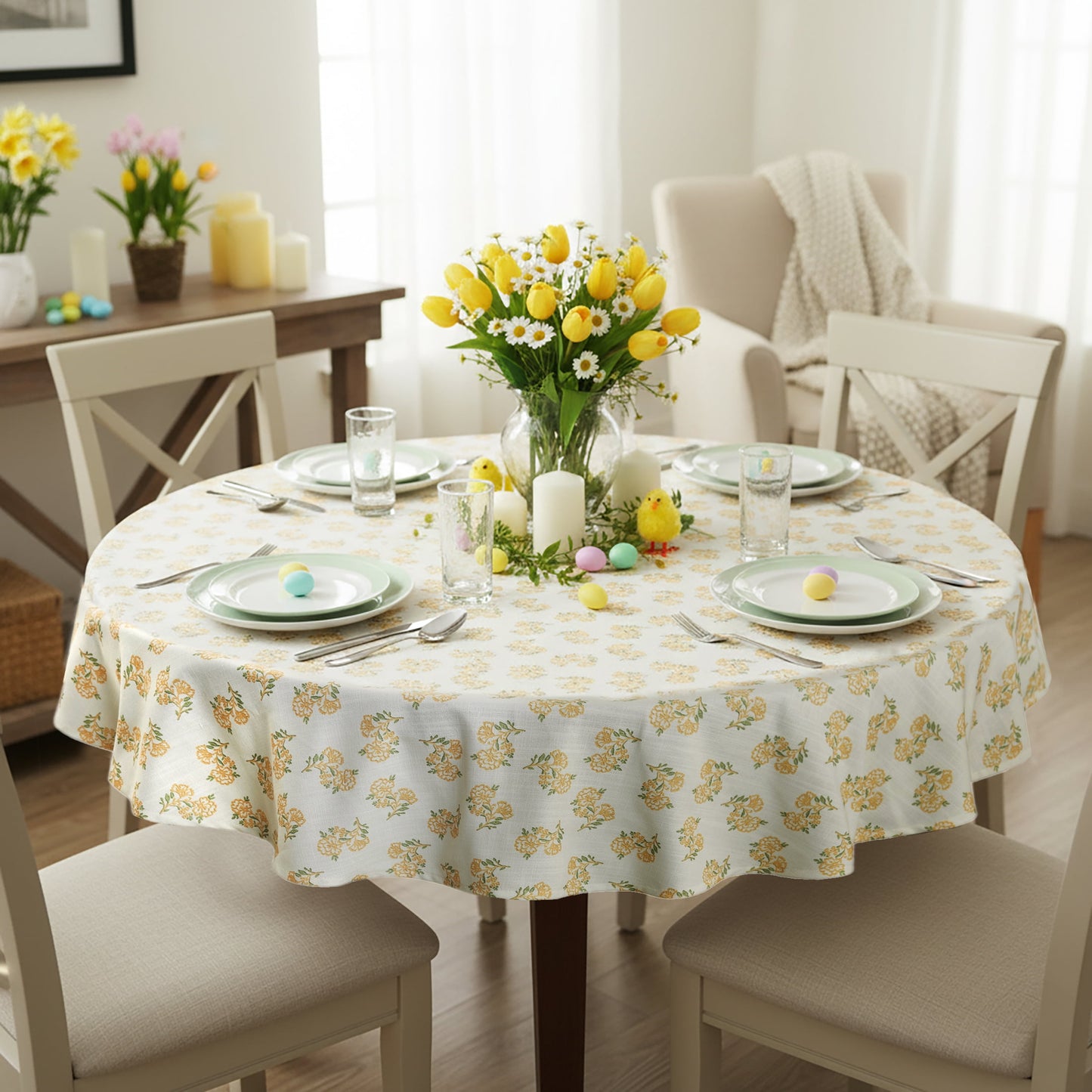 Easter Block Print 70" Round Tablecloth - 100% Cotton, Multi-color