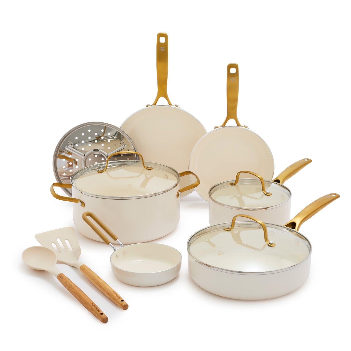 Blue Diamond White 12 Piece Nonstick Aluminum Pot and Pan Cookware Set, Gold