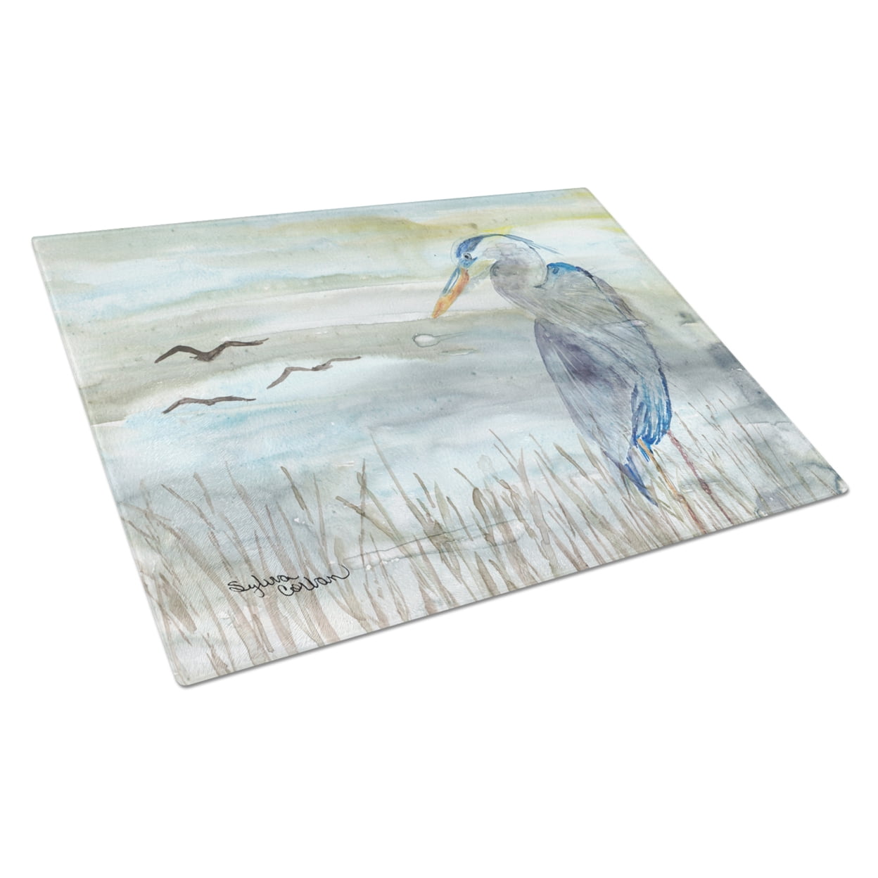 Blue Heron Watercolor Glass Cutting Board Large