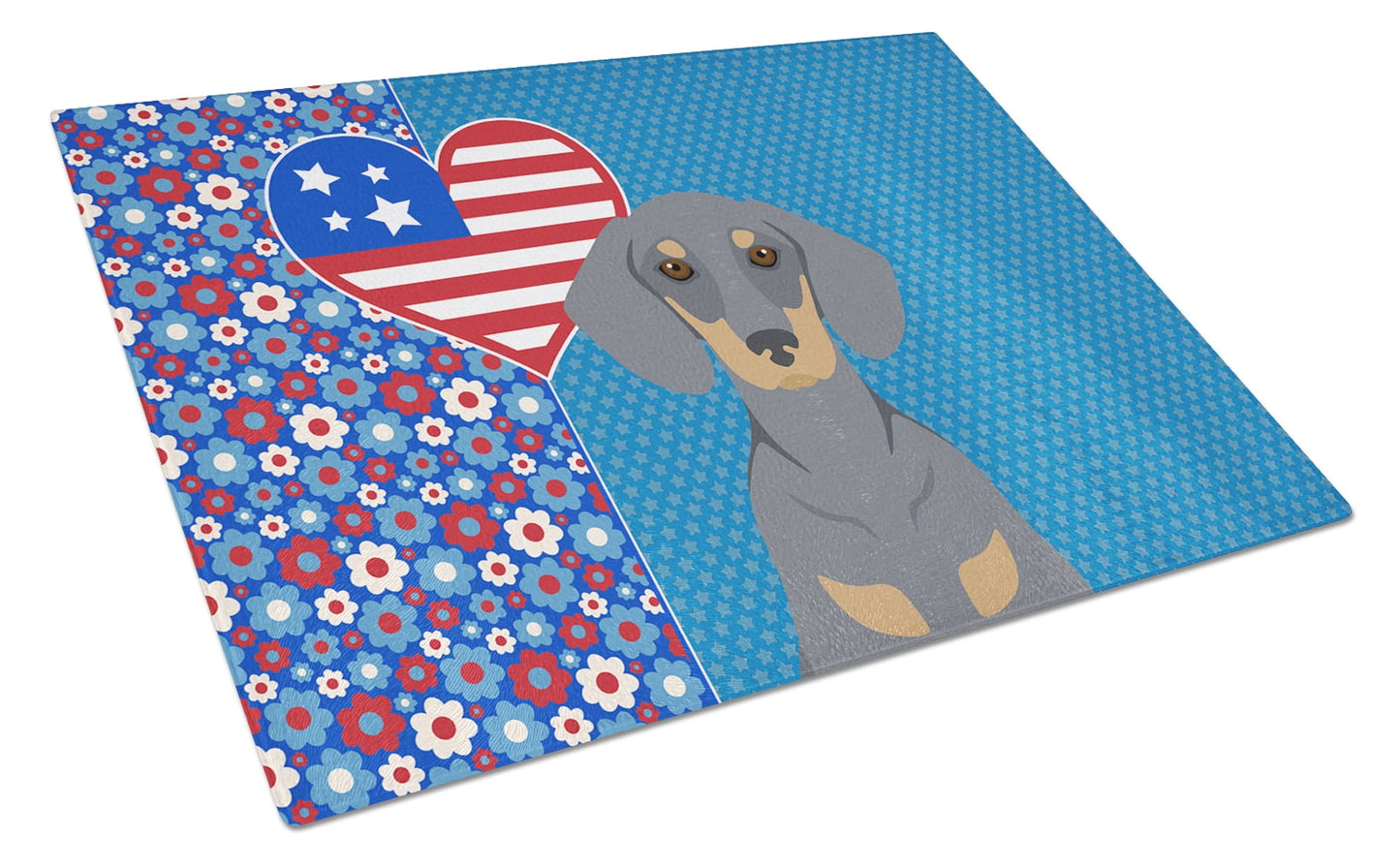 Blue and Tan Dachshund Glass Cutting Board Large 12 in x 15 in