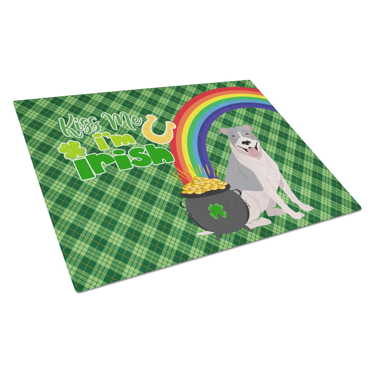 Blue and White Pit Bull Terrier St. Patrick's Day Glass Cutting Board Large 12 in x 15 in