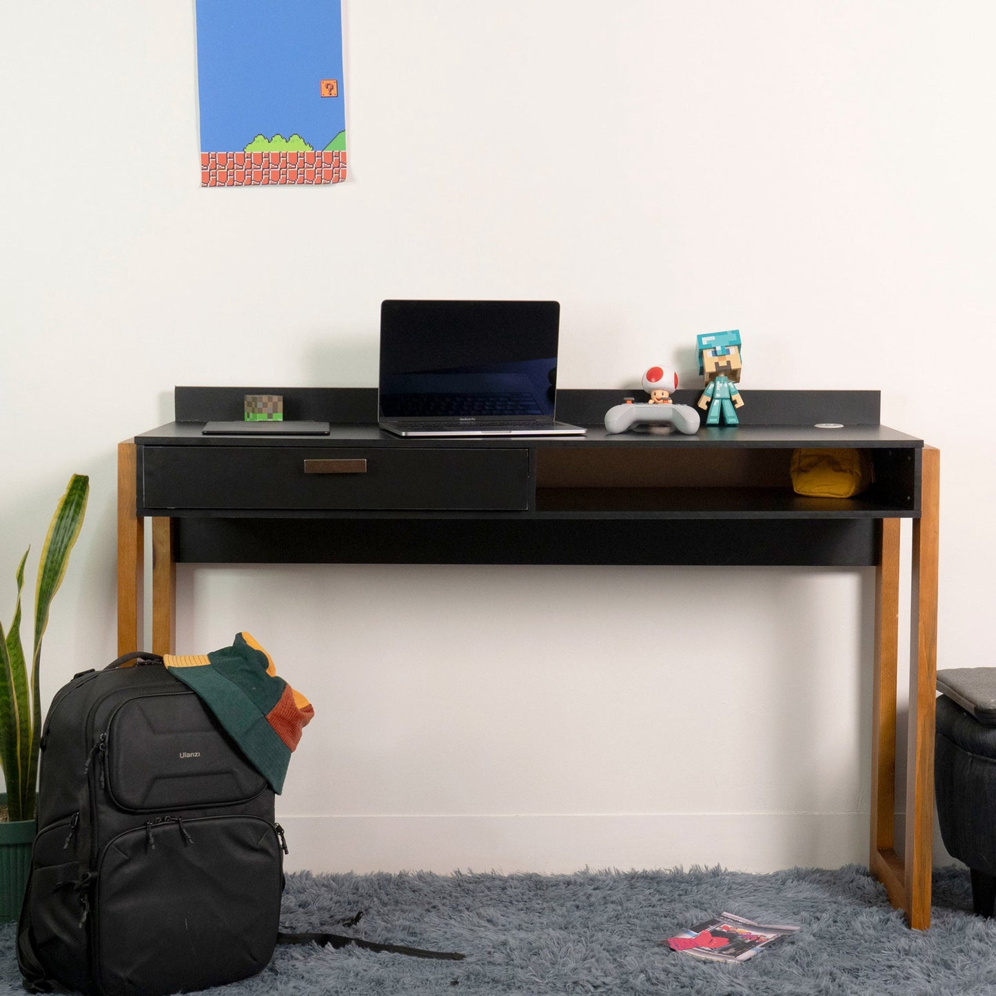 Boahaus Dalton Desk Black with Drawer and USB Charging Port, Small Home Office Desk