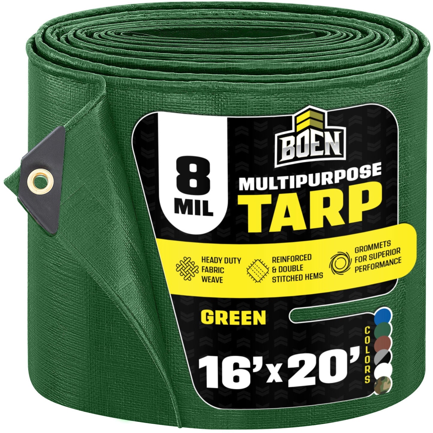 BOEN 16 x 20 ft 8 Mil Green Tarp, Medium Duty Waterproof Tarp