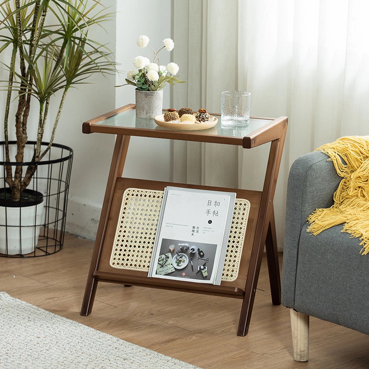 Coffee Table, Mid Century Modern Design with Tempered Glass Top and Storage Space, Rattan Frame for Living Room and Office, 39.37x19.7 Inch Brown