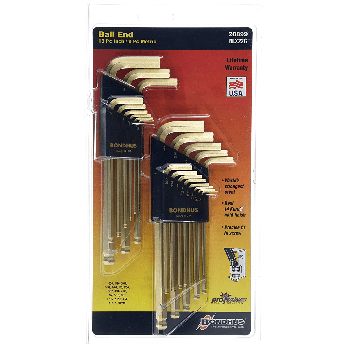 Bondhus 20899 13 Piece Fractional & 9 Piece Metric Hex Ball End Wrench Set