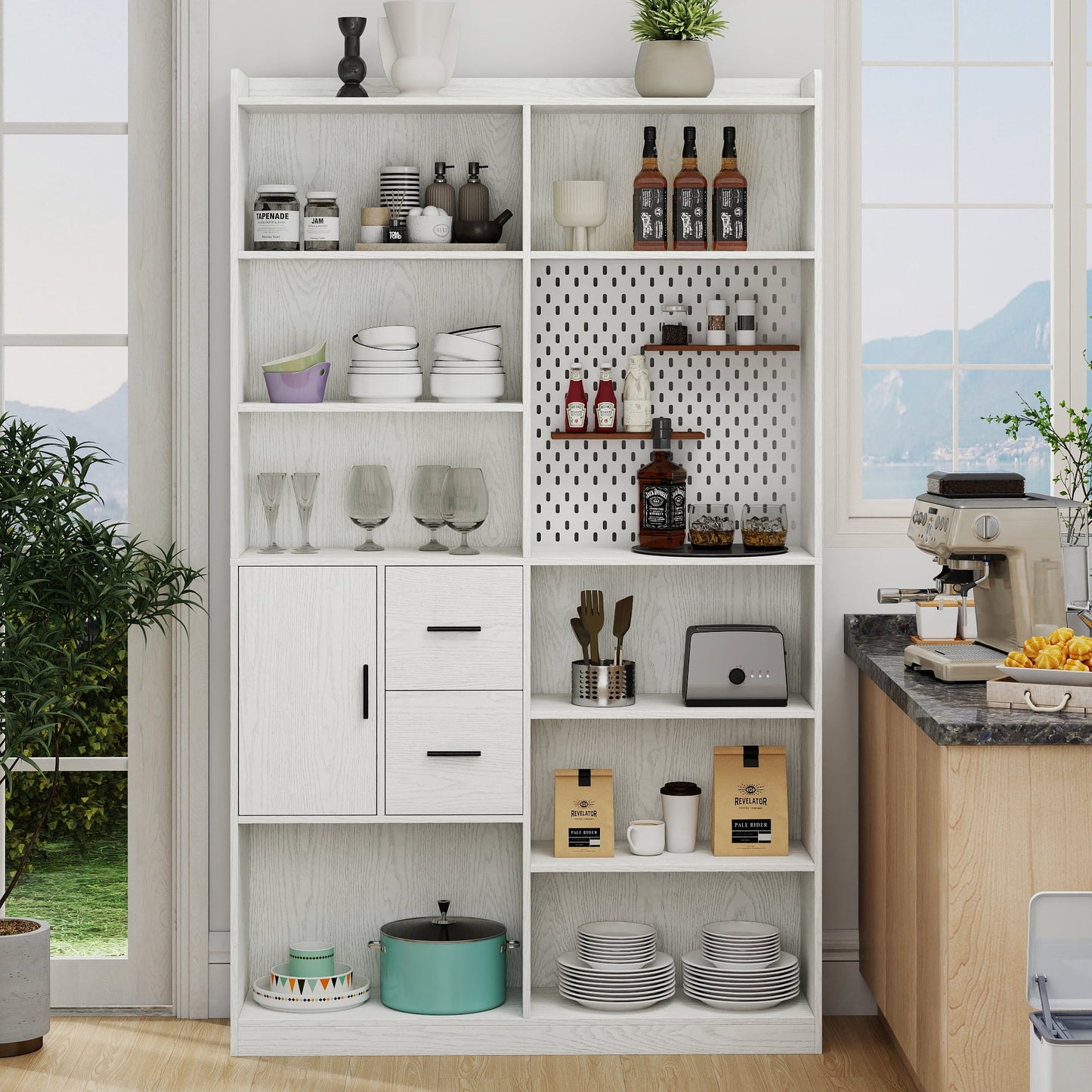 GARITIN EstanterÃa con Panel Perforado y Cajón O Gabinete de Despensa de Cocina, 9 Estantes de Exhibición para Libros, Unidad Moderna de EstanterÃa Ancha de Madera para Sala, Blanco