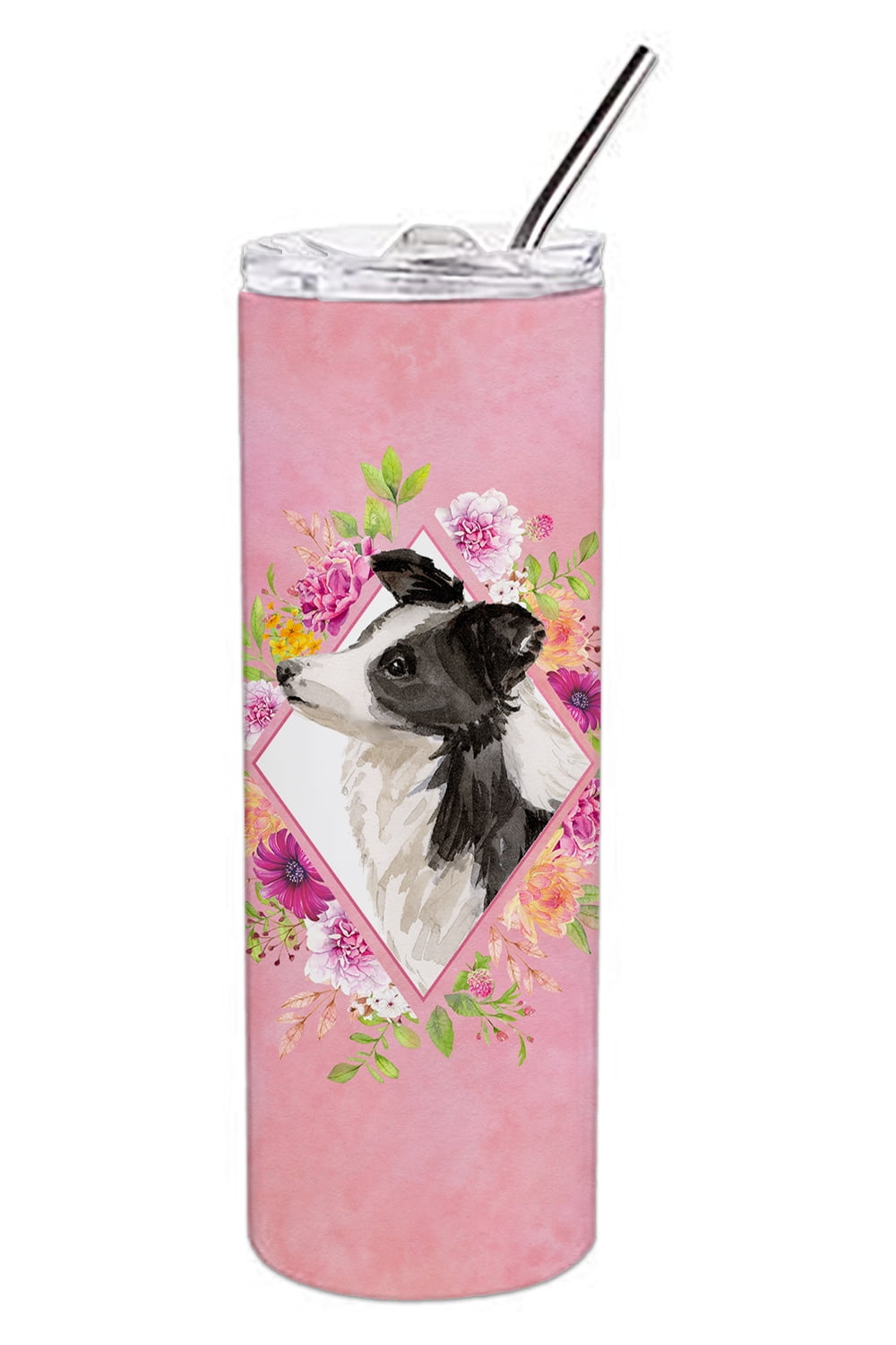 Border Collie Pink Flowers Double Walled Stainless Steel 20 oz Skinny Tumbler