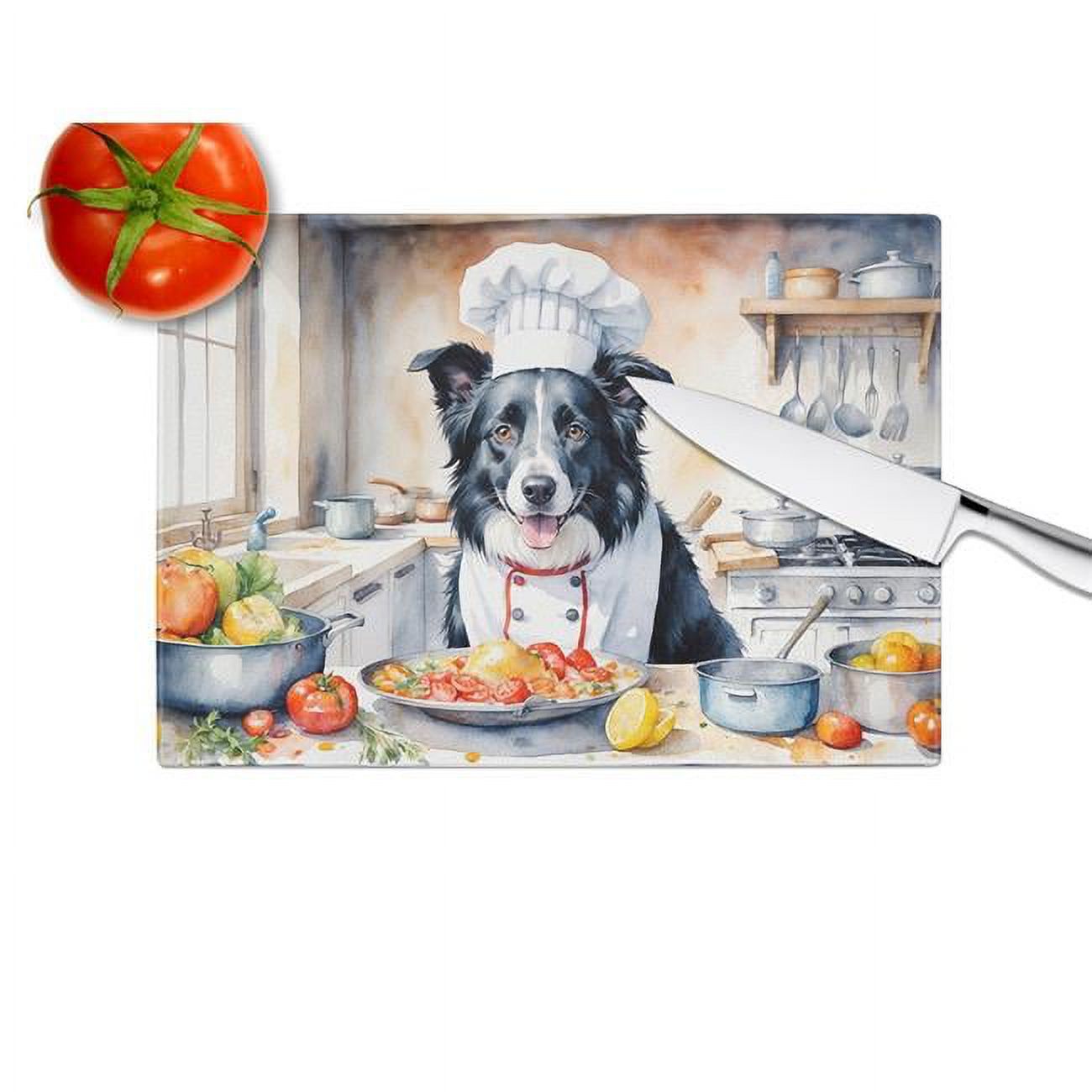 Border Collie The Chef Glass Cutting Board 12 in x 15 in