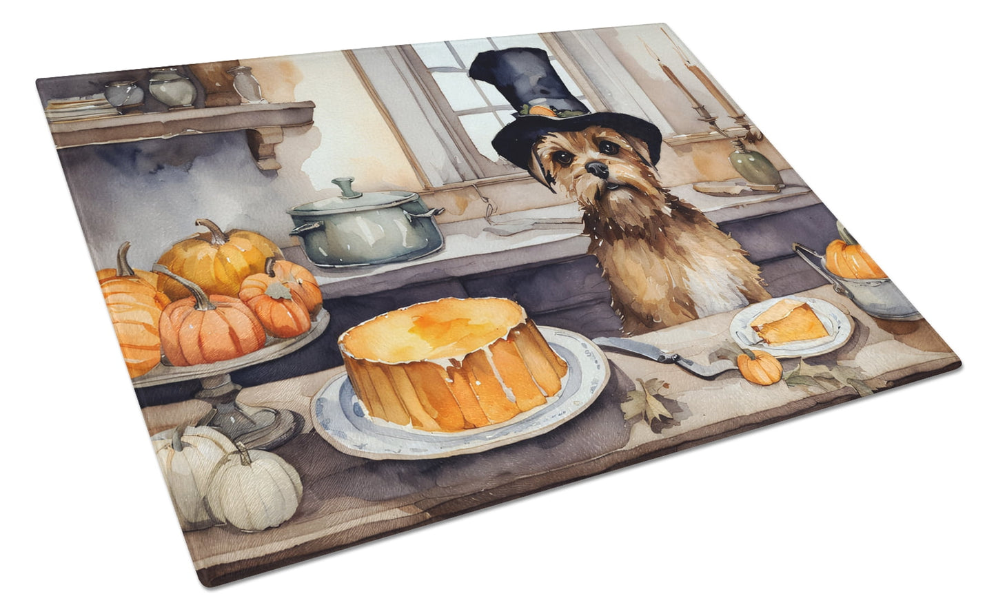 Border Terrier Fall Kitchen Pumpkins Glass Cutting Board Large 12 in x 15 in