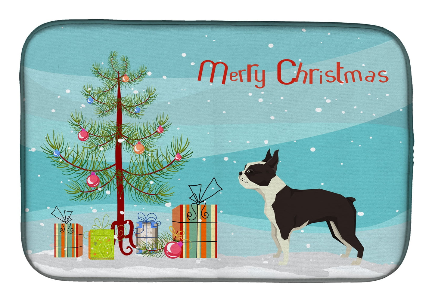 Boston Terrier Christmas Tree Dish Drying Mat