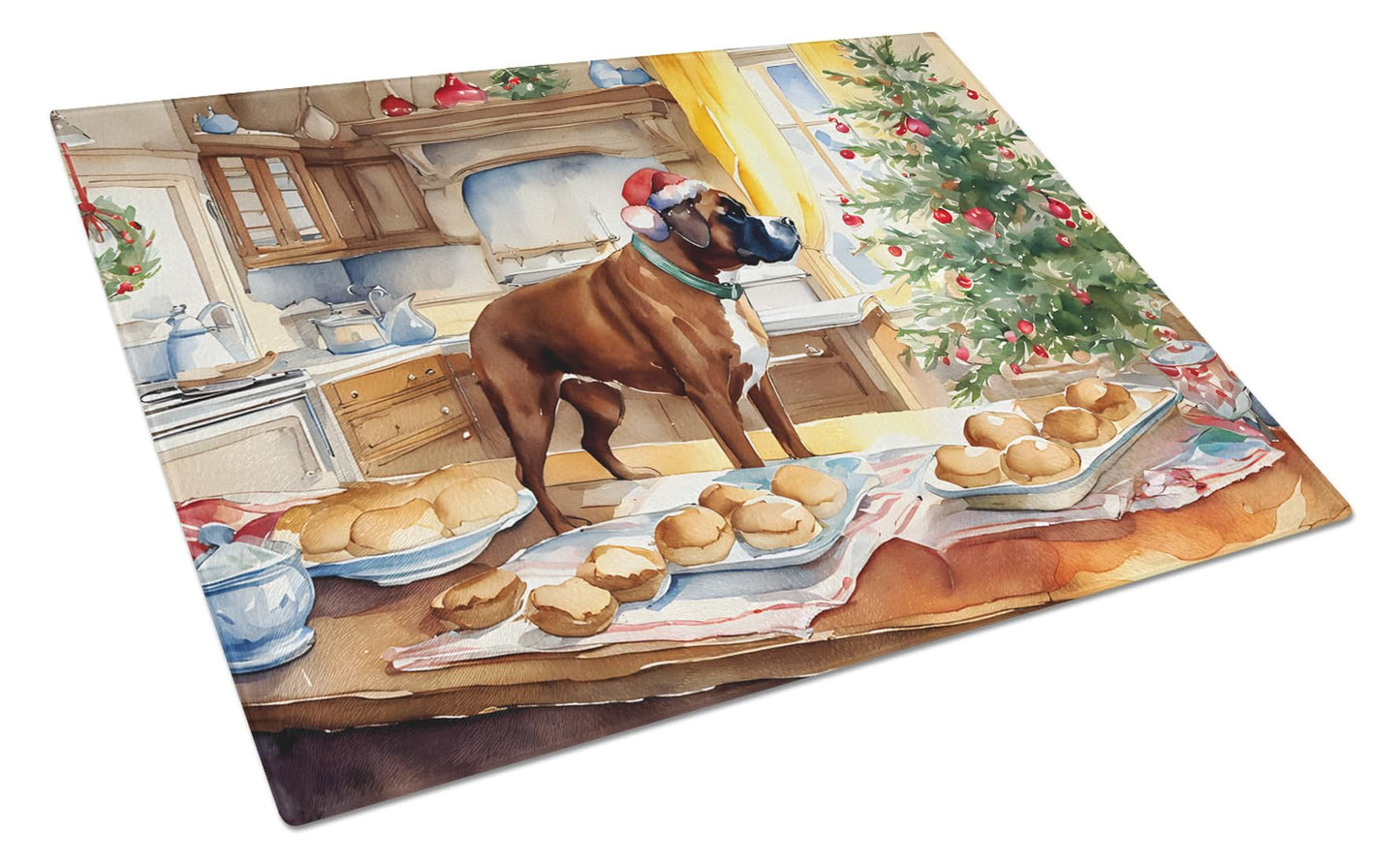 Boxer Christmas Cookies Glass Cutting Board 12 in x 15 in