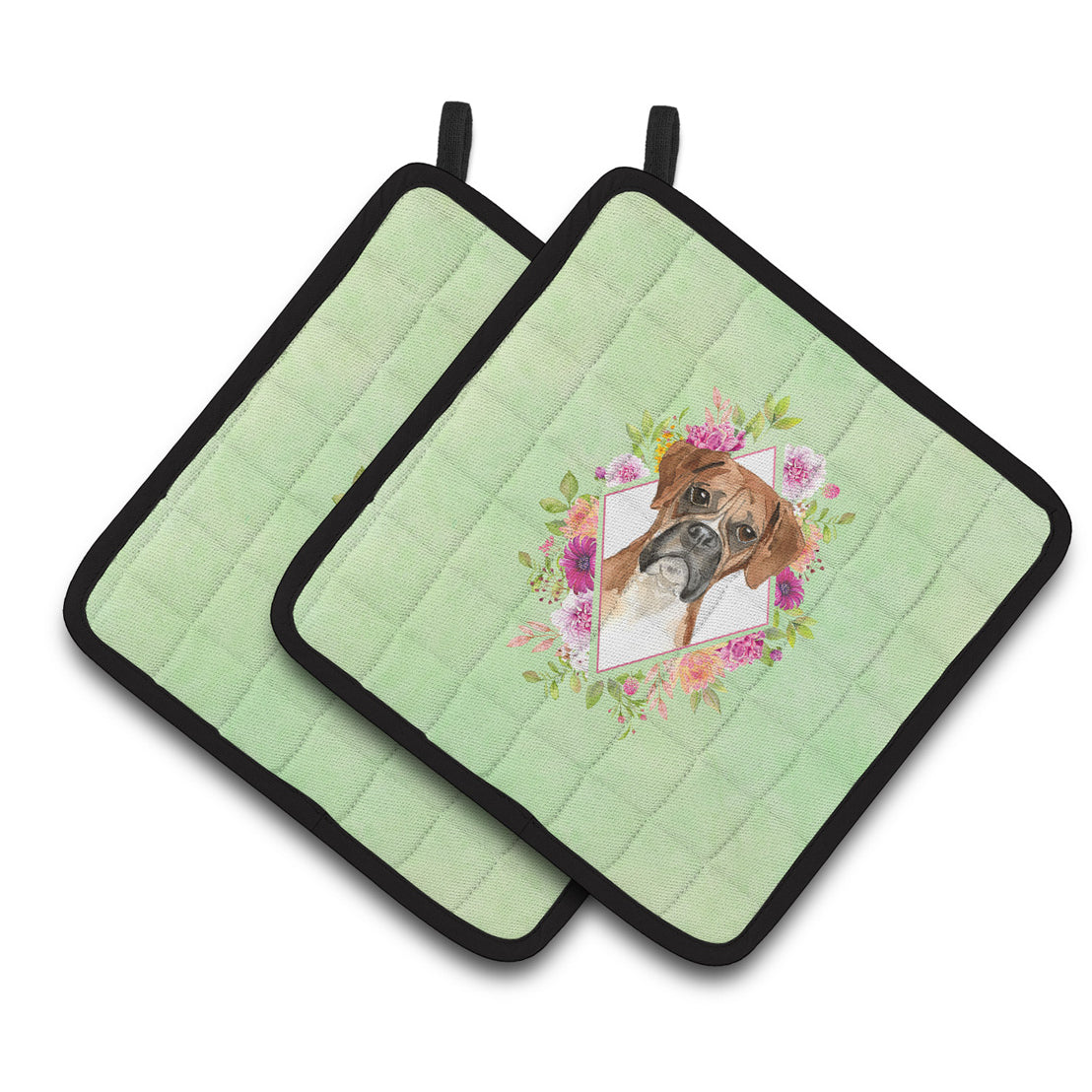 Boxer Green Flowers Pair of Pot Holders