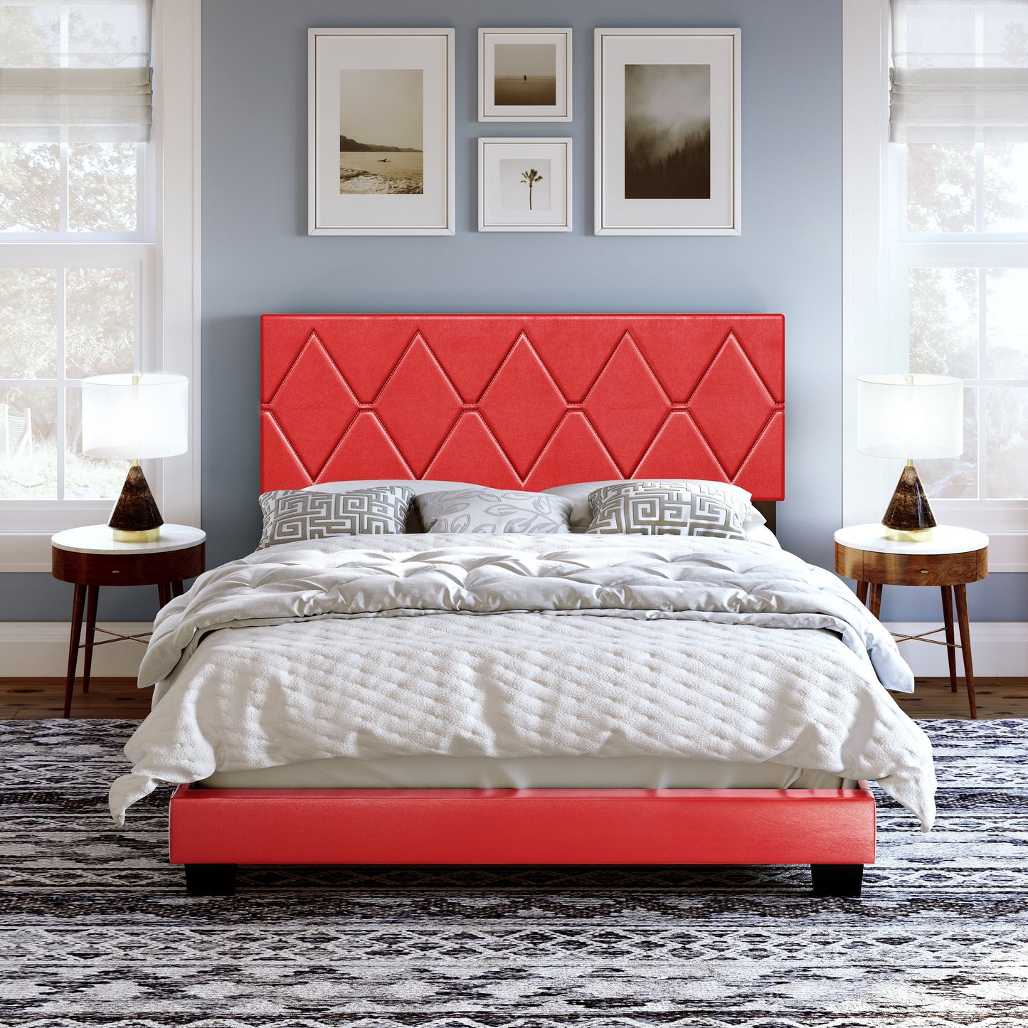 Boyd Sleep Charlat Red Faux Leather Full Size Fully Upholstered Platform Bed Frame with Adjustable Headboard, Qualified Box Spring or Foundation Required for Use