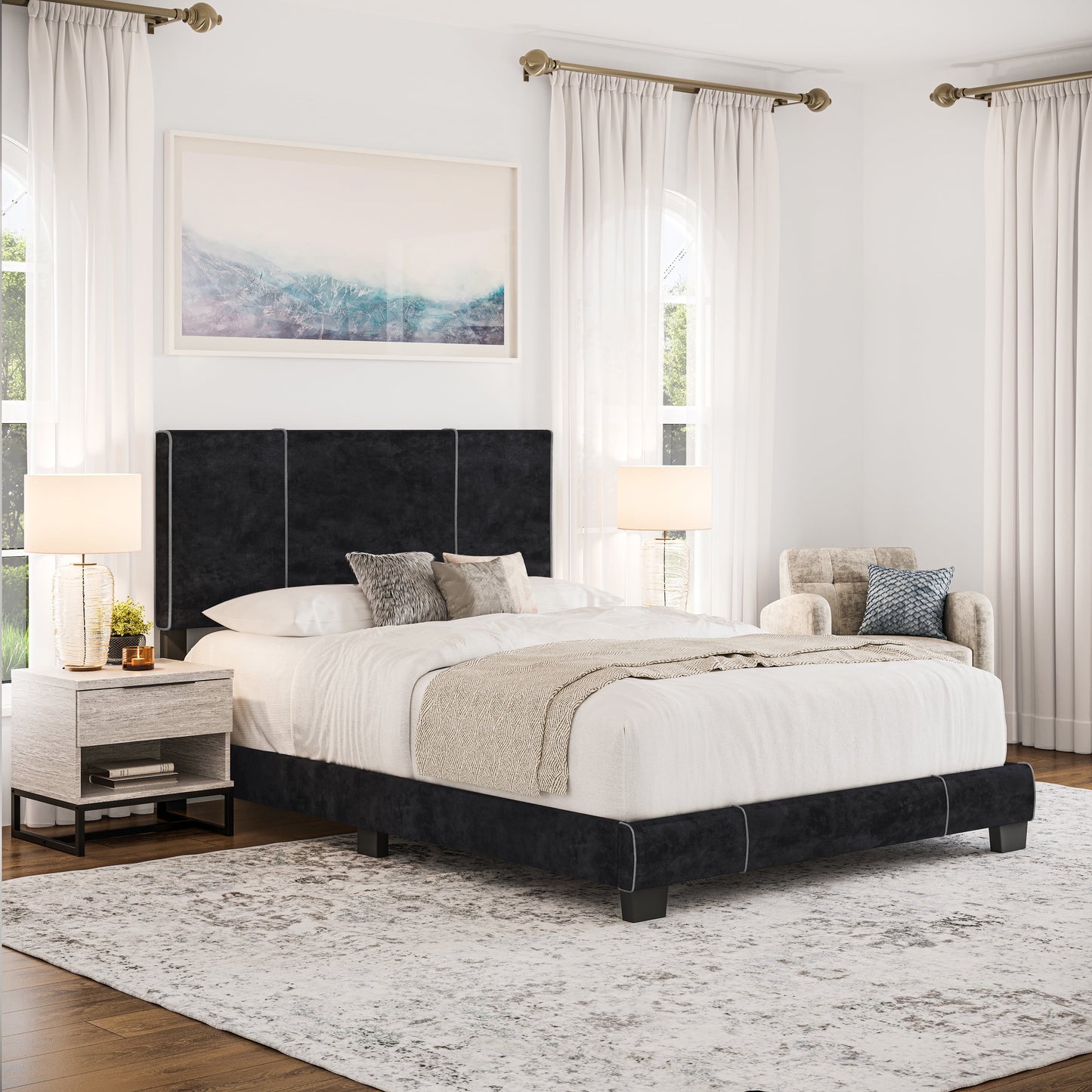 Boyd Sleep Lucena Black Velvet Queen Size Upholstered Platform Bed Frame with Adjustable Headboard, Qualified Box Spring or Foundation Required for Use