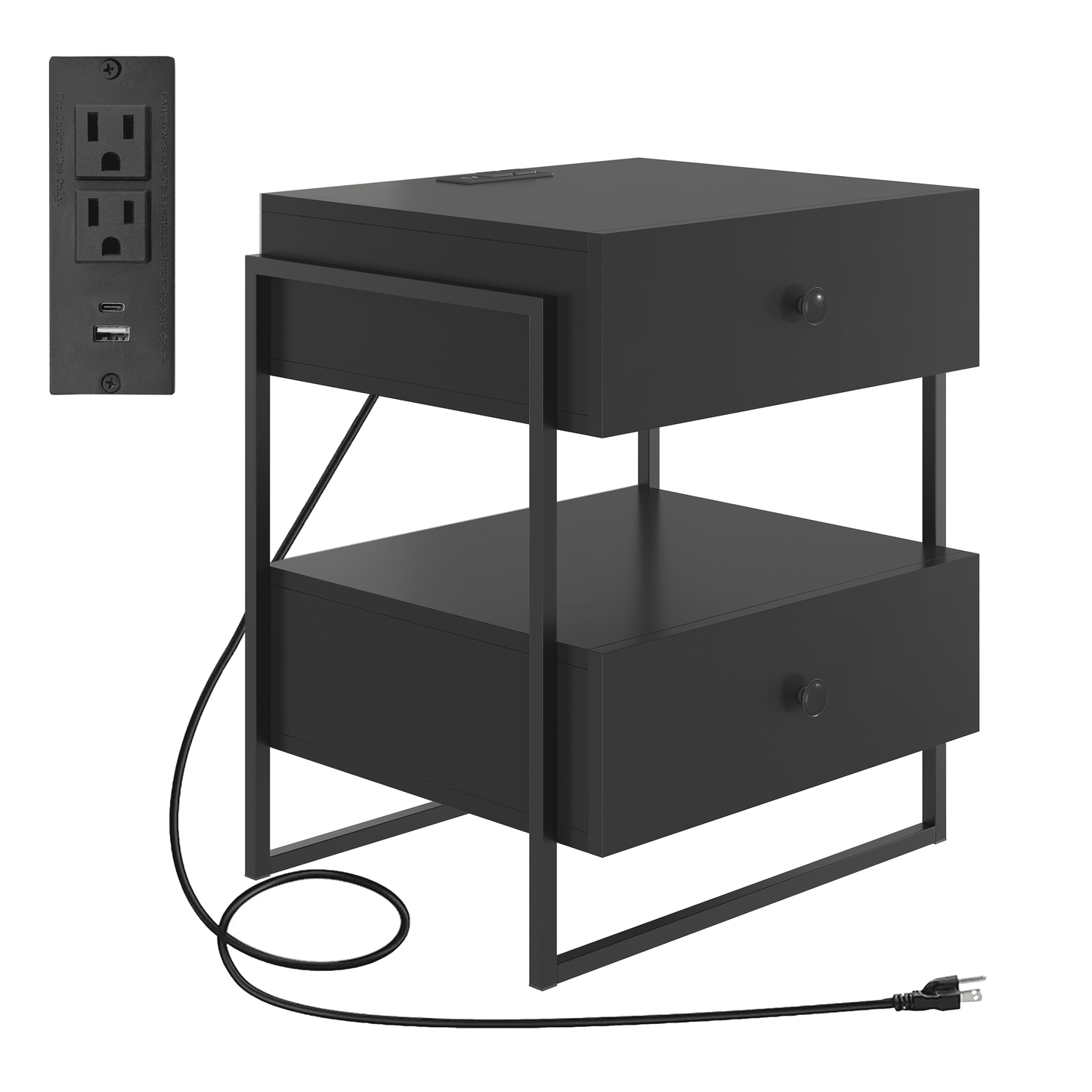 Boyd Sleep Pesaro Modern Two Drawer Nightstand with USB Charging Ports, Metal Frame, Black Storage Table for Bedroom