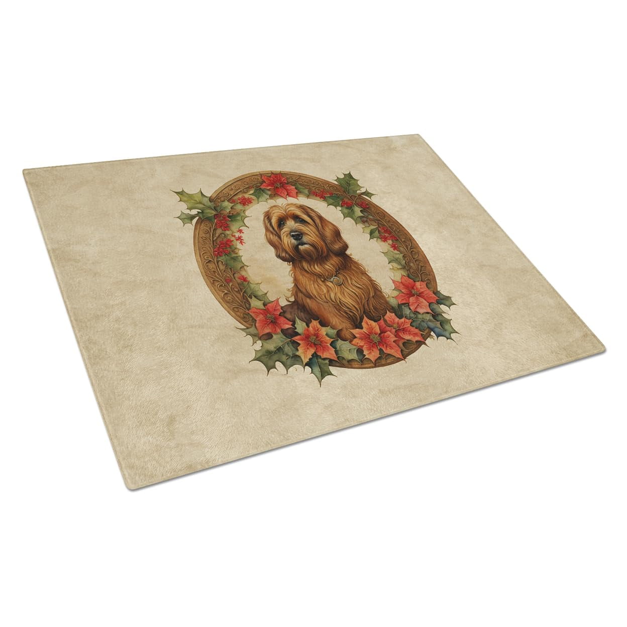 Briard Christmas Flowers Glass Cutting Board 12 in x 15 in