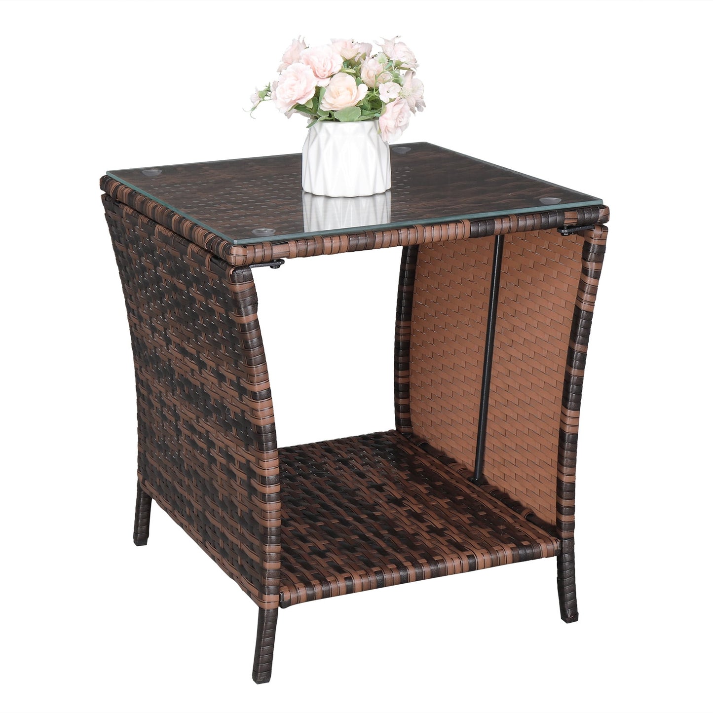 Brown Gradient PE Rattan Tempered Glass Top Side Table Sturdy Iron Frame Accent End Table Decorative Nightstand For Living Room Bedroom Office Bathroom Home Decoration