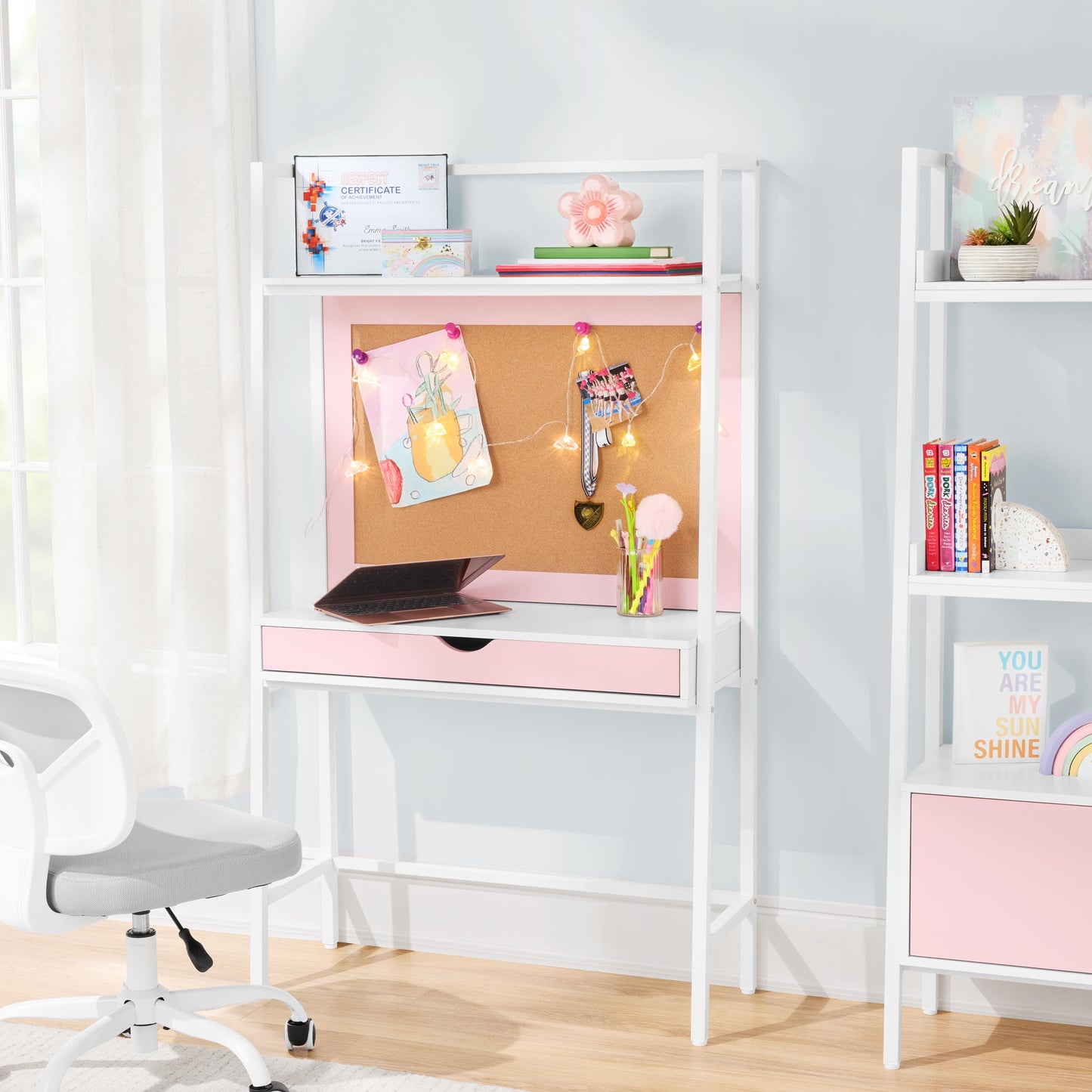 BYO Kids Escritorio con Escalera con Tablero de Anuncios, Azul Marino/blanco