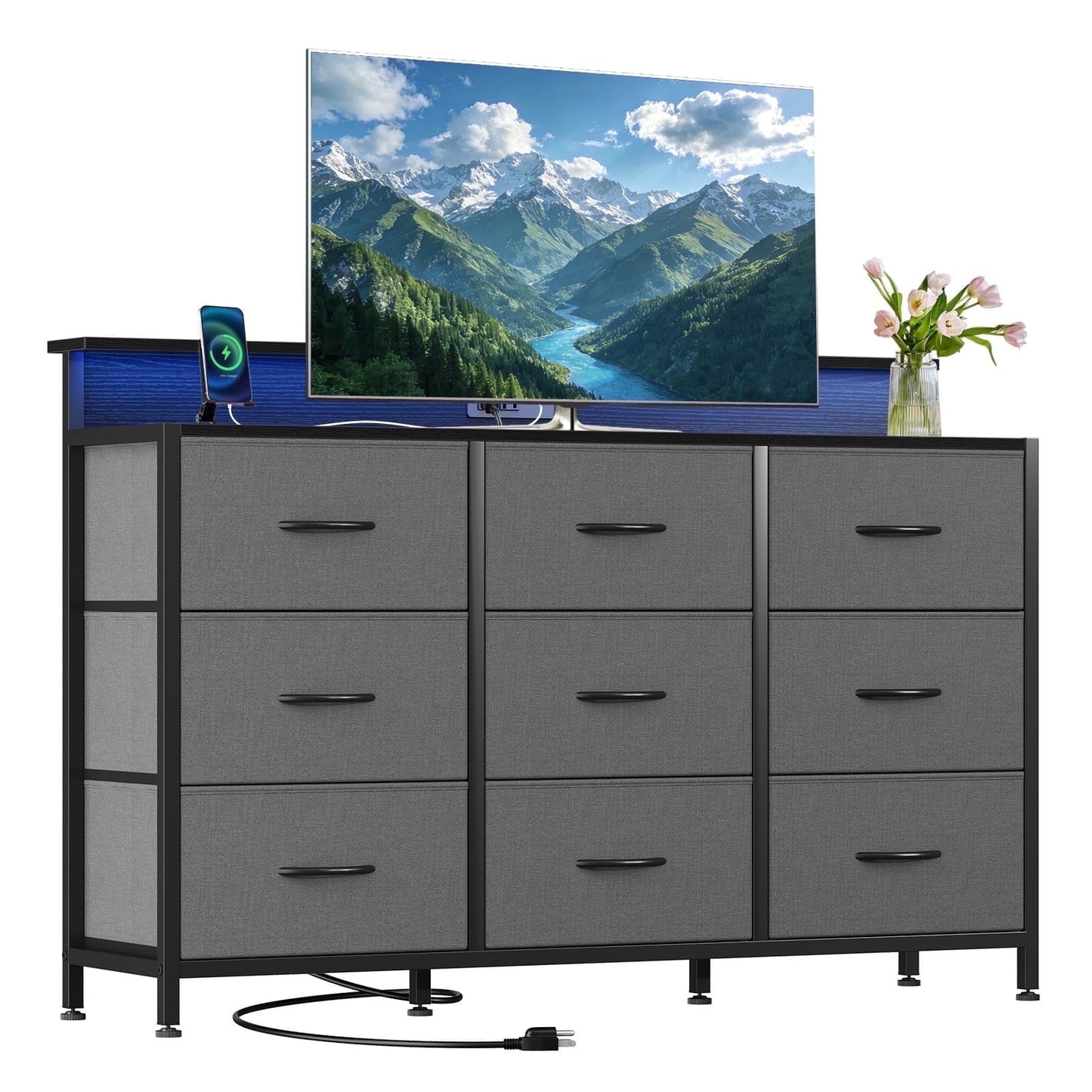 edx 9-Drawer Fabric Dresser TV Stand, Multifunctional Storage Cabinet with Power Outlets & LED Light, Gray