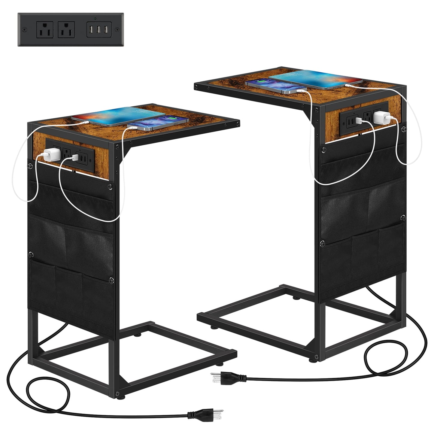 C-Shaped Coffee Table Side Table with Charging Station 2 Piece Sofa Table Set Brown
