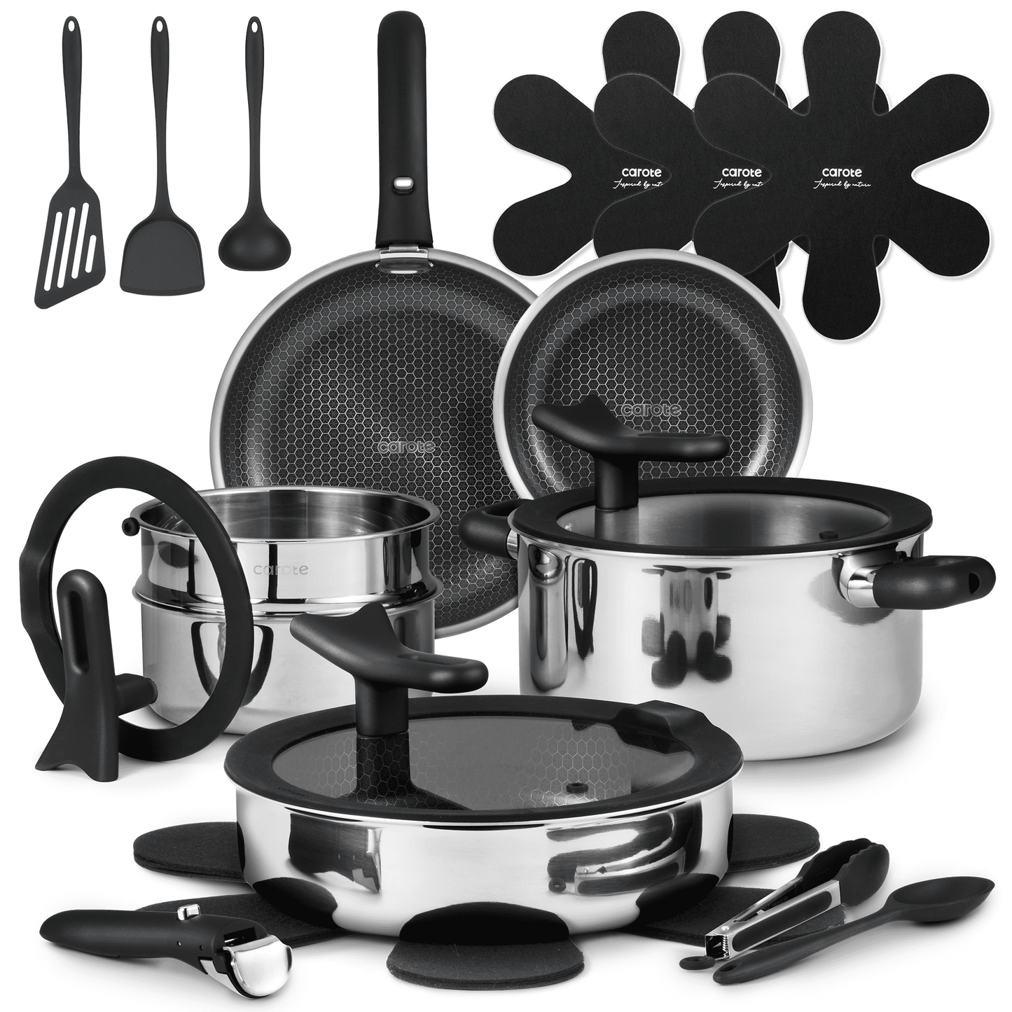 Carote 21-Piece Stainless Steel Cookware Set with Detachable Handle, Ceramic Hybrid Non-Stick, Easy Stacking, Stand-up Lid, Oven/Dishwasher Safe, Black