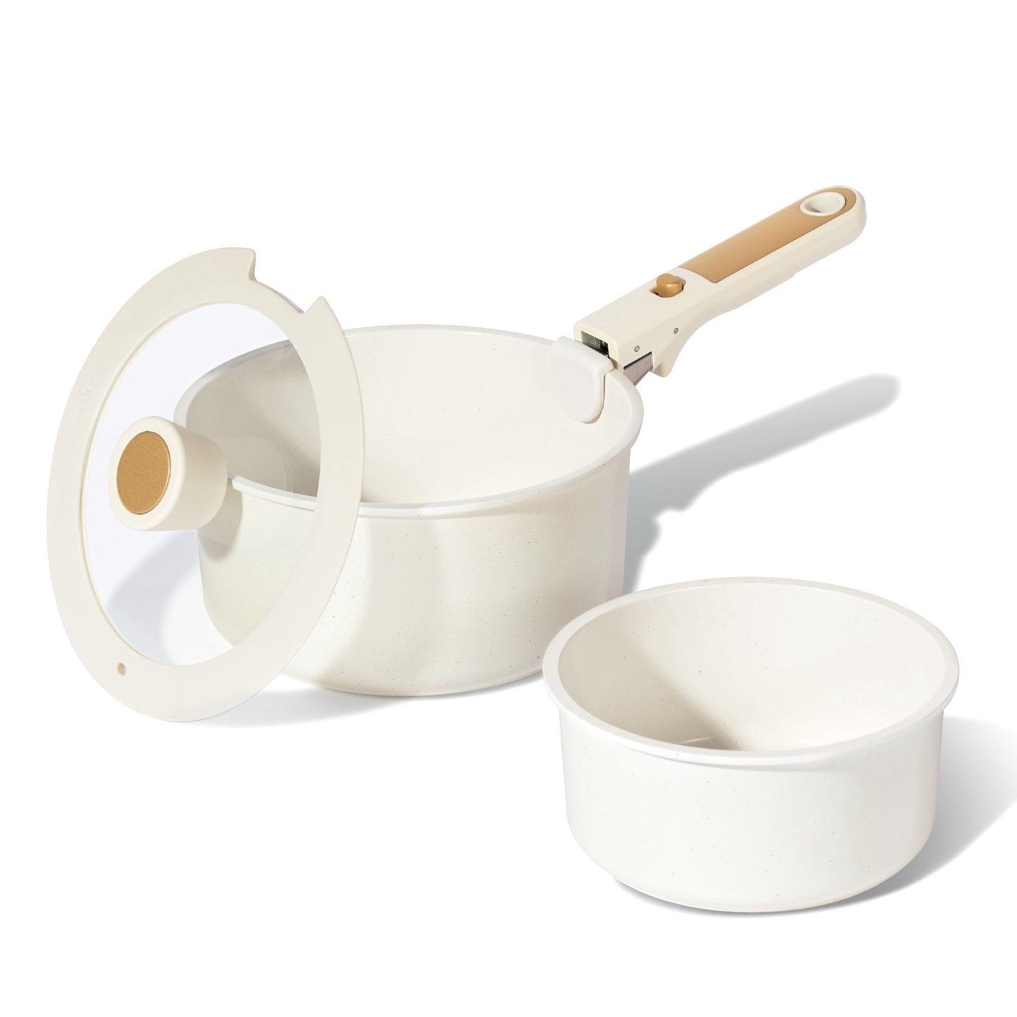 Carote Ceramic Nonstick Cookware Set with Induction, 4-Piece Set with Detachable Saucepan and Lid, Oven Safe, Dishwasher Safe, Cream White