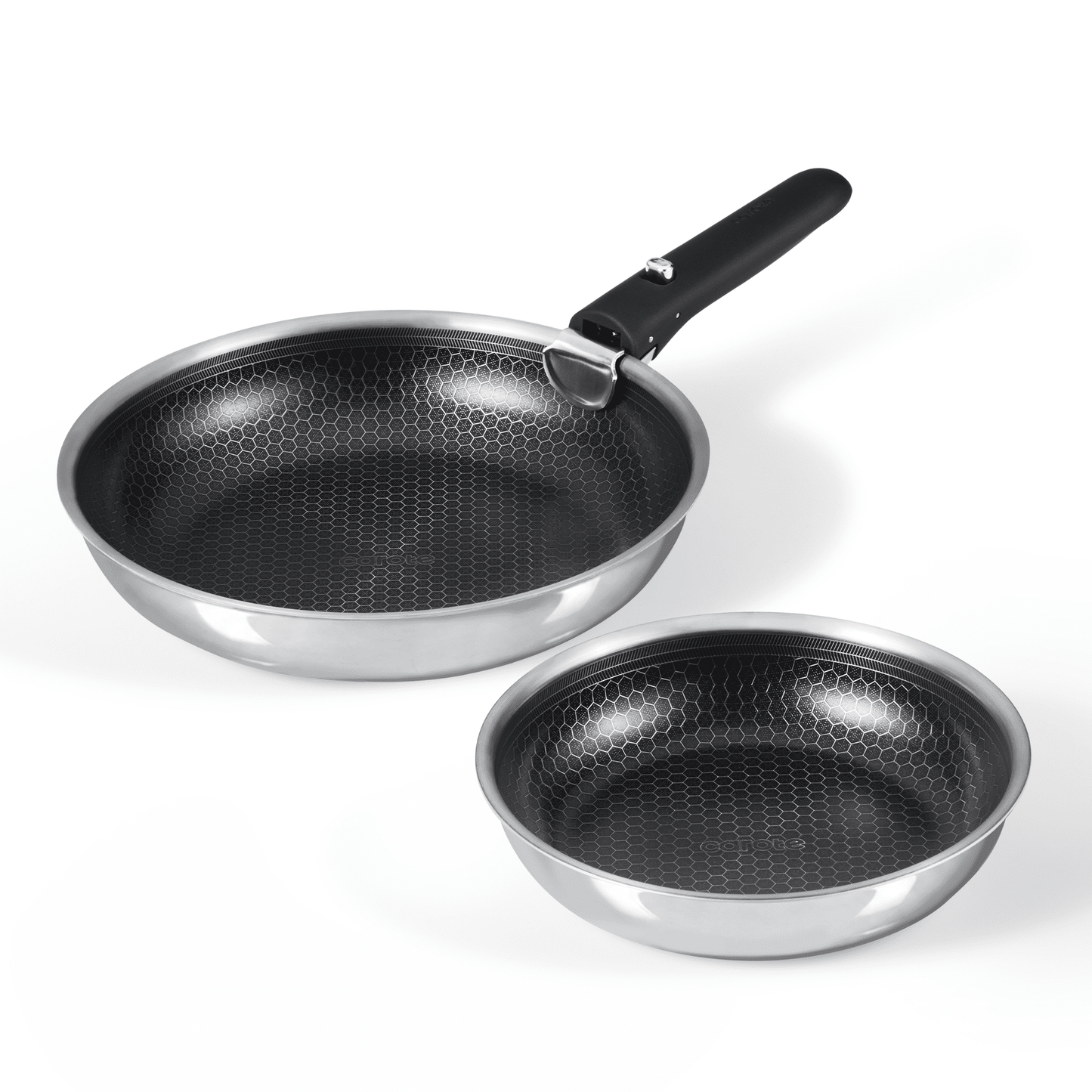Carote 3-Piece Stainless Steel Frying Pan Set with Detachable Handle, Ceramic Hybrid Nonstick, Oven/Dishwasher Safe, Easy Stacking, Black