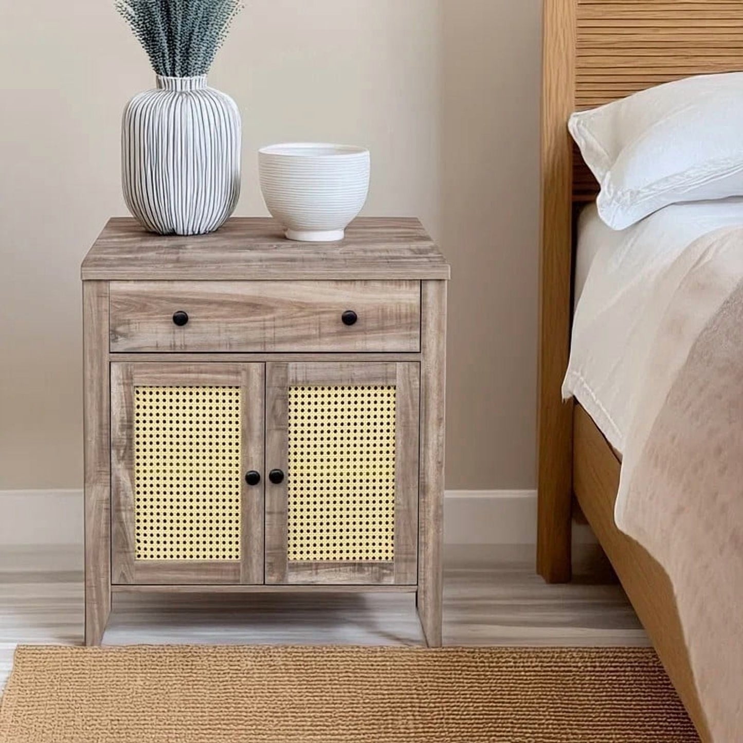 COMHOMA Rattan Cabinet, Mid Century Modern Cabinet with Rattan Decorated Door and Adjustable Shelf, Bedside Storage End Table with Drawer, Cabinet for Bedroom and Living Room,Drifted Grey