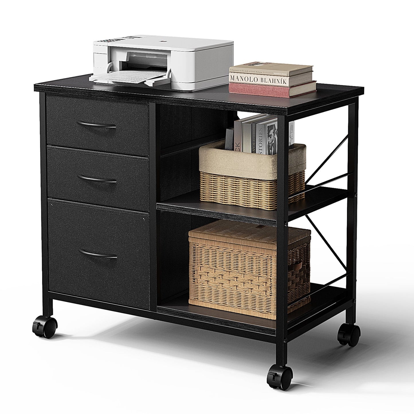 CONCETTA 3-Drawer Rolling File Cabinet with Open Shelf, Fabric Filing Storage for Home Office,Black