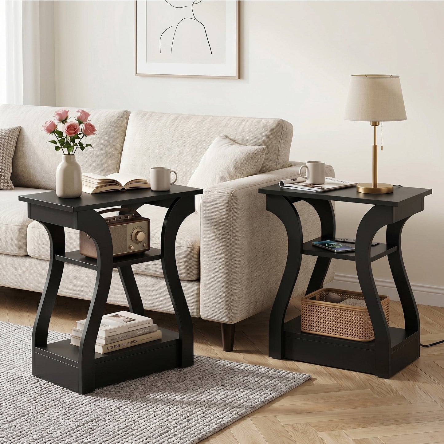 CONCETTA 3-Tier End Table Set of 2 with Charging Station, Slim Side Table with USB Ports & Outlets, Modern Nightstand for Small Spaces, Living Room, Bedroom, Black