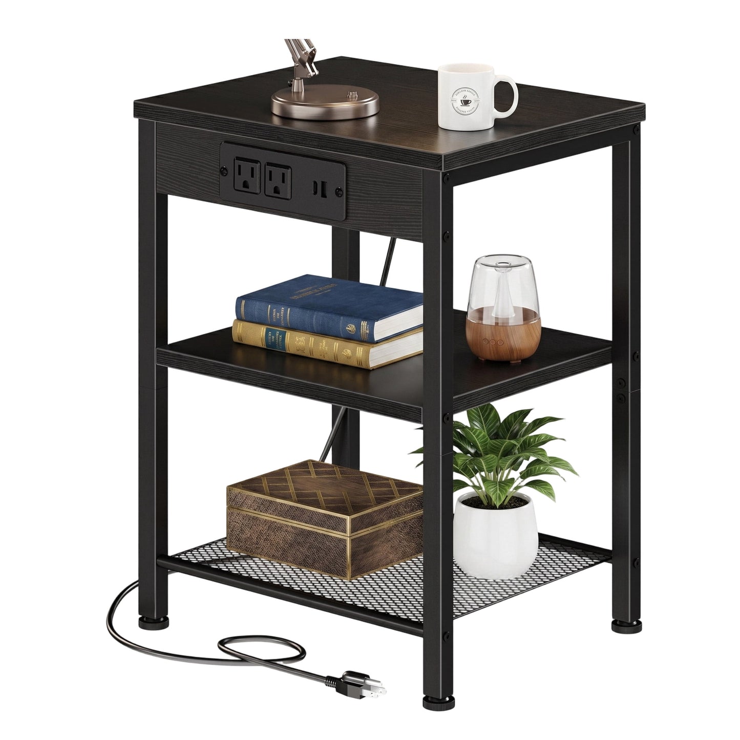 CONCETTA 3 Tier Nightstand with Charging Station, Bedside End Table for Bedroom Living Room, Black