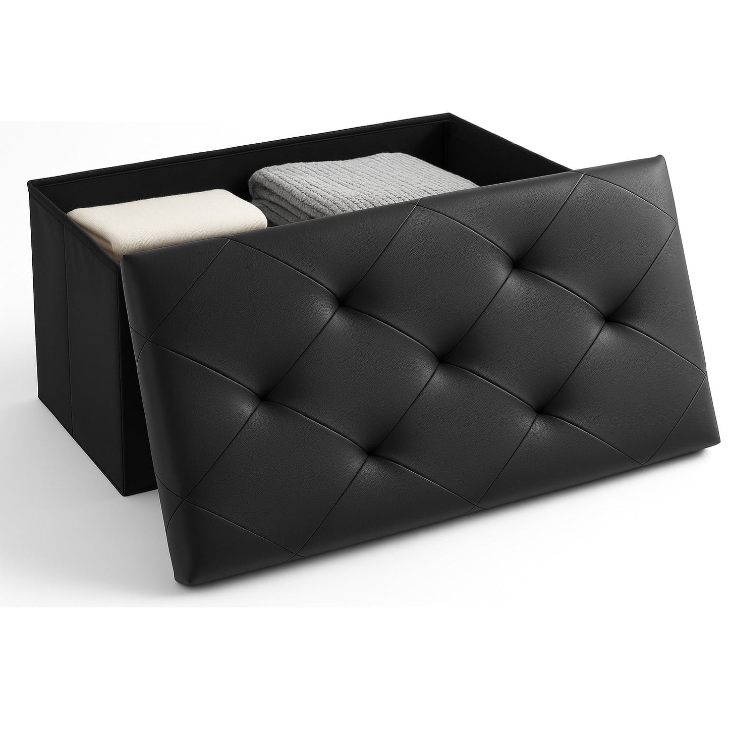 CONCETTA 30" Storage Ottoman – Foldable Faux Leather Stool with Storage, 660 lb Capacity, for Bedroom, Living Room, Entryway, Black
