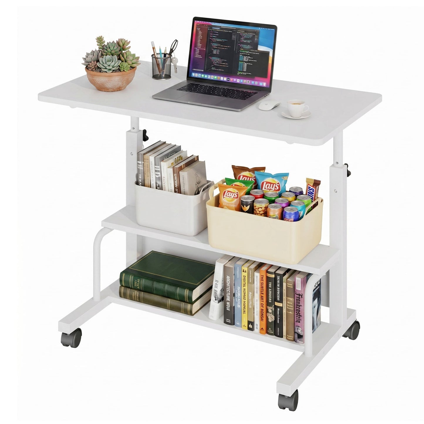 CONCETTA 31.5'' Adjustable Height Rolling Computer Desk with Storage Shelves, Portable Mobile Desk for Small Spaces Home Office, White