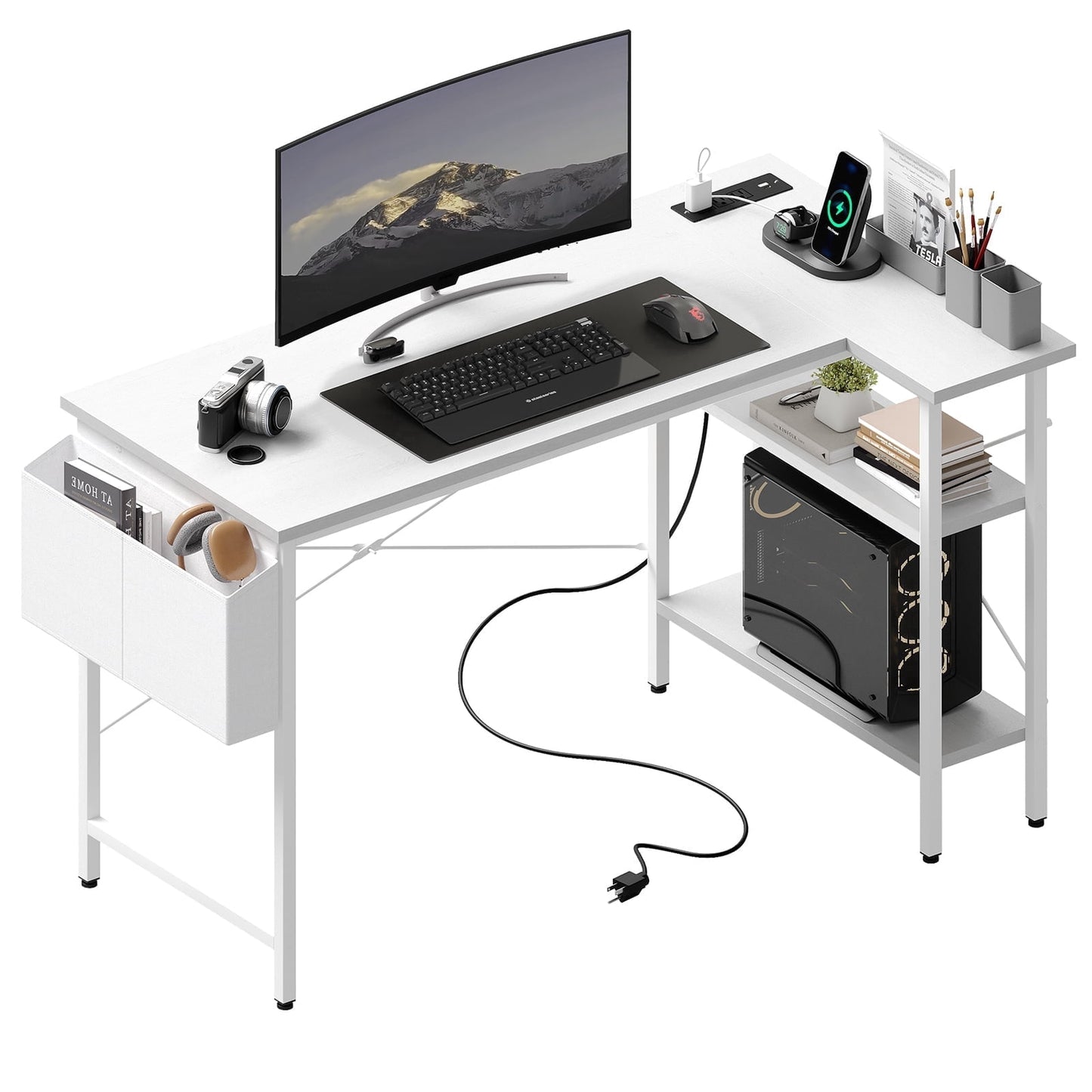 CONCETTA 39 Inch Gaming Computer Desk with Power Outlet & LED Strip, Reversible Storage Shelves for Home Office, White