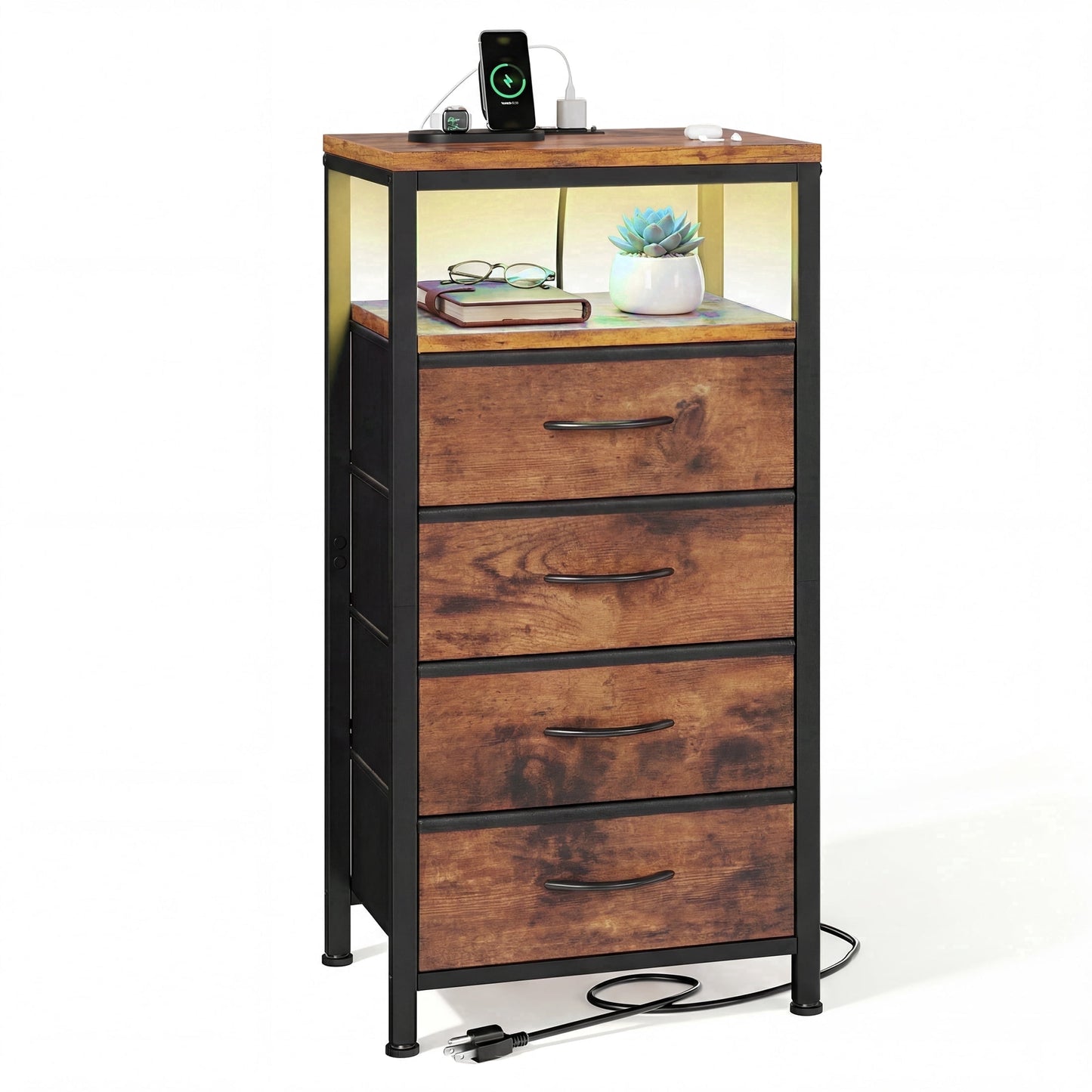 CONCETTA 4 Fabric Drawers Nightstand with Charging Station, USB/Type-C Ports, Adjustable Feet, Bedroom, Rust Brown