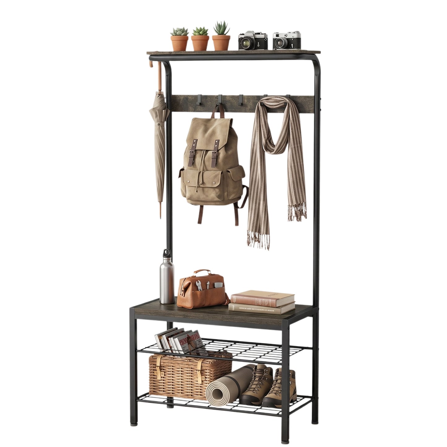 CONCETTA 4-in-1 Coat Rack Hall Tree with Shoe Bench, Shoe Storage, Removable Hooks, Hanging Rod, 13.3 x 28.3 x 72.1 Inches, Rustic Brown