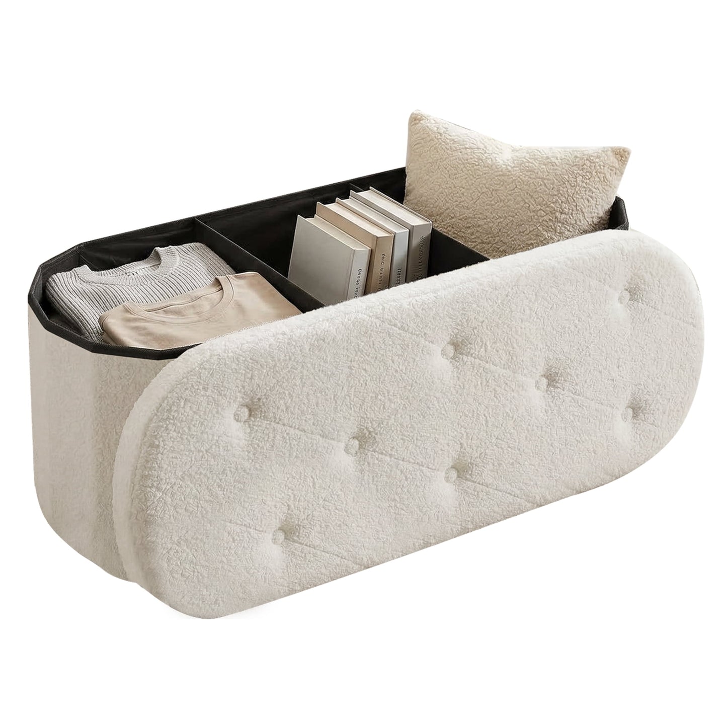 CONCETTA 43in Ottoman with Storage, Folding Foot Rest for Living Room & Bedroom, Versatile Home Bench in Soft Teddy Fabric, White