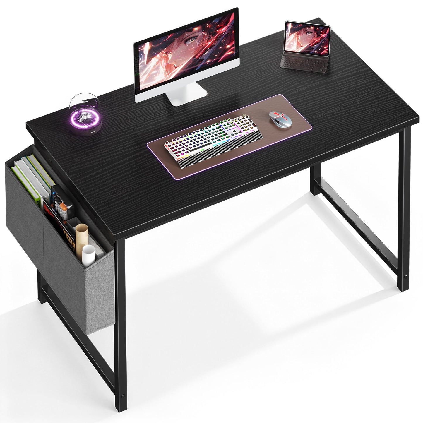 CONCETTA 44 Inch Computer Writing Desk with Storage Bag, Steel Frame for Home Office Study, Black