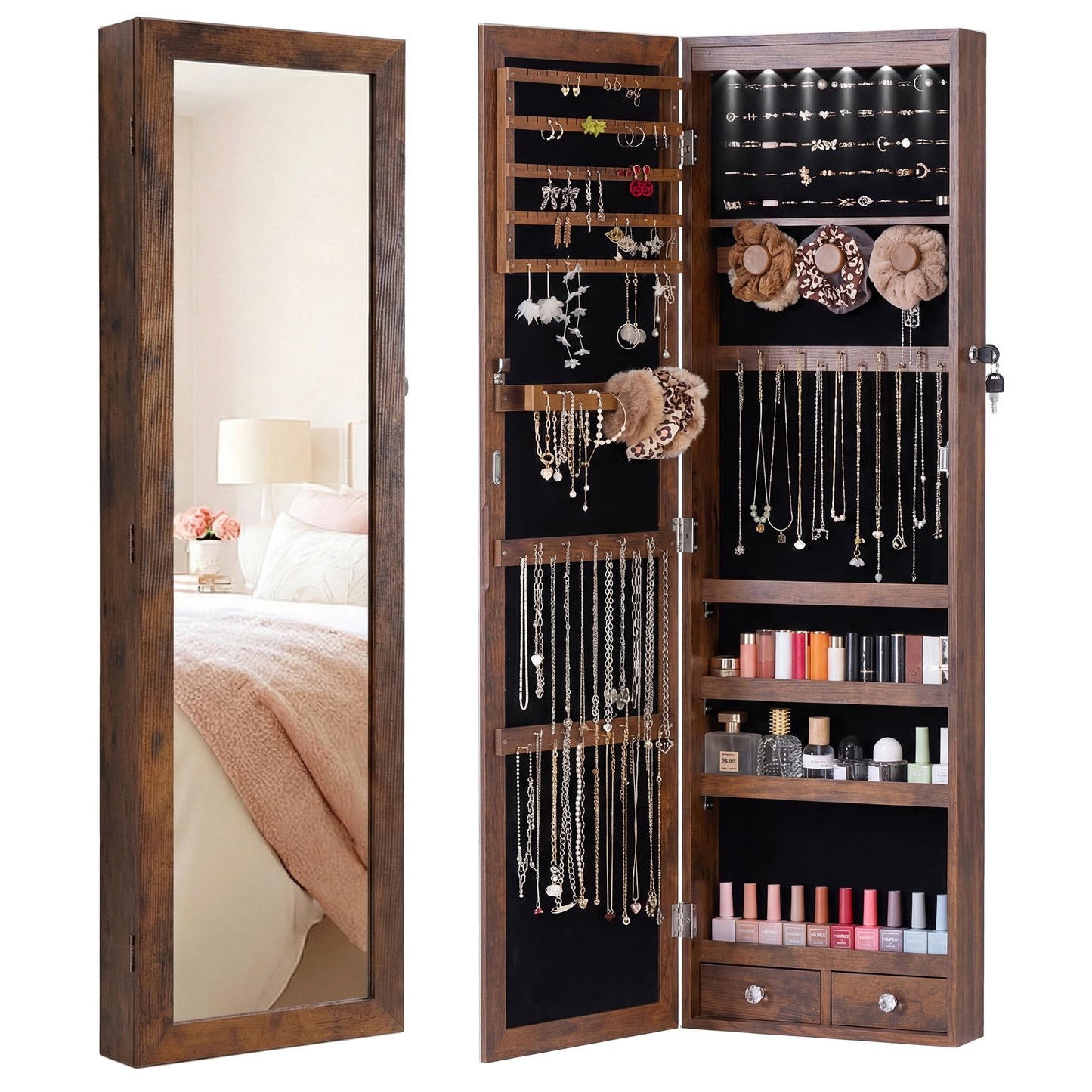CONCETTA 47" Full-Length Mirror Jewelry Cabinet with Auto LED Lights, Wall-Mounted or Door-Hanging Organizer,Rust