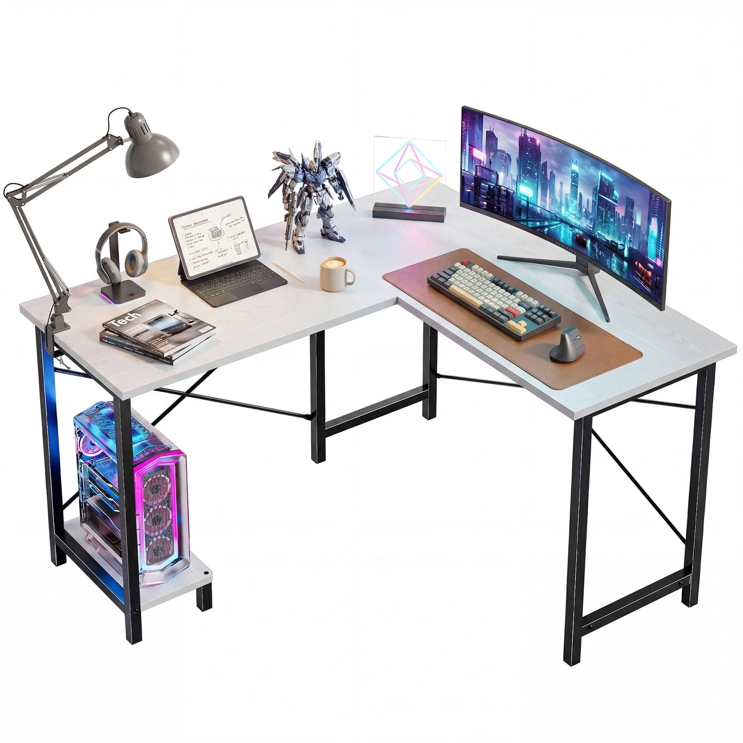 CONCETTA 49“ L Shaped Computer Desk with Movable CPU Stand, Corner Desk for Save Space, Home Office, White