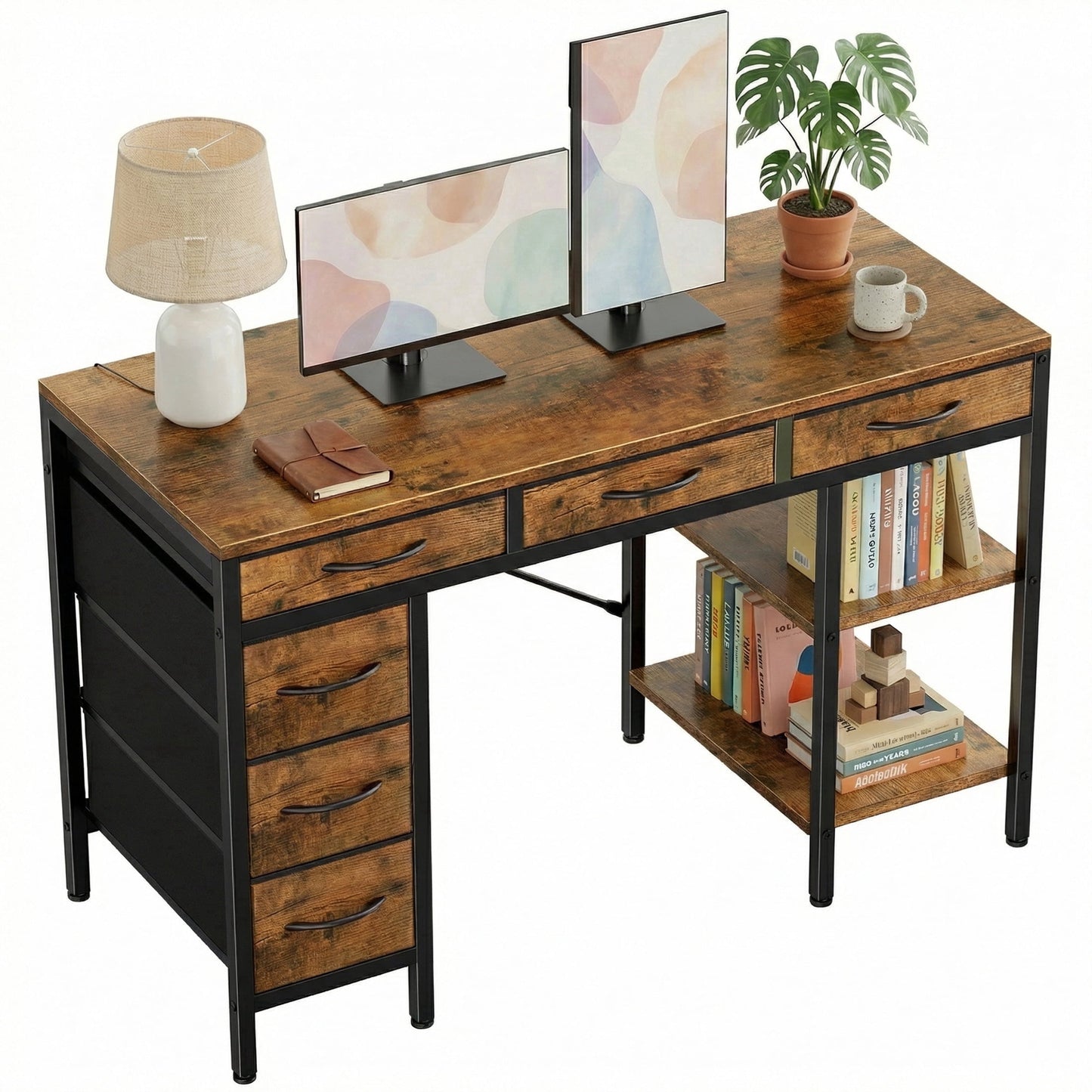 CONCETTA 55 inch Computer Desk with 6 Drawers & 2 Open Shelves, Modern Home Office Desk with Storage, Writing Study Desk for Bedroom, Workspace,Rust