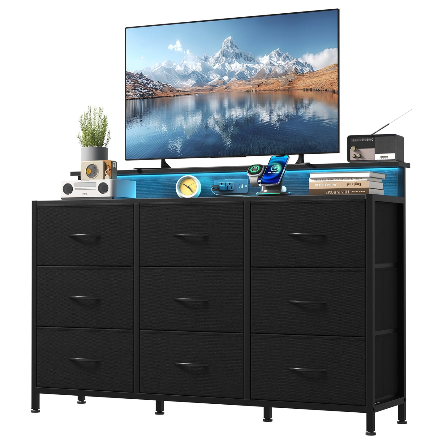 CONCETTA 47-inch TV Stand with RGB LED Lights & UL-Certified Charging Station for Families, 9 Fabric Drawers, Fits up to 55-inch TVs, Black