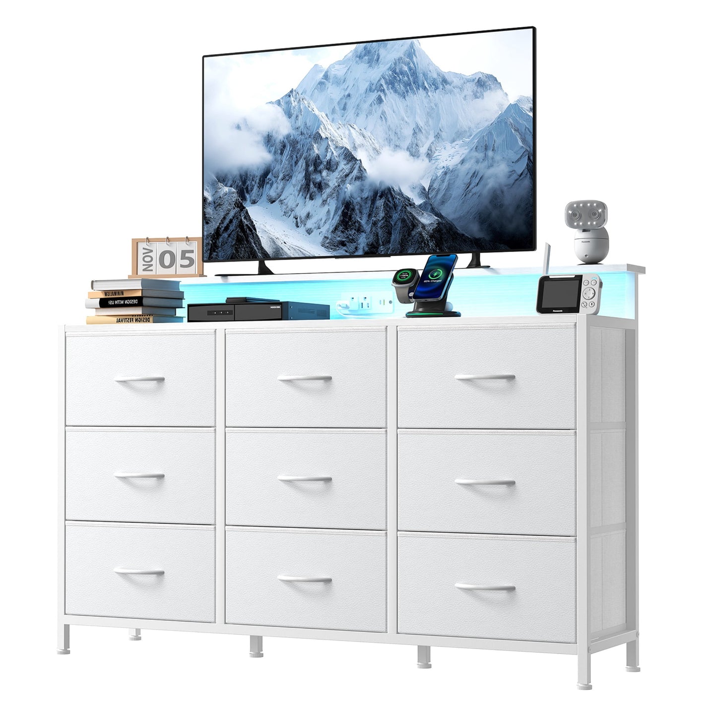 CONCETTA 47-inch TV Stand with RGB LED Lights & UL-Certified Charging Station for Families, 9 Fabric Drawers, Fits up to 55-inch TVs, White