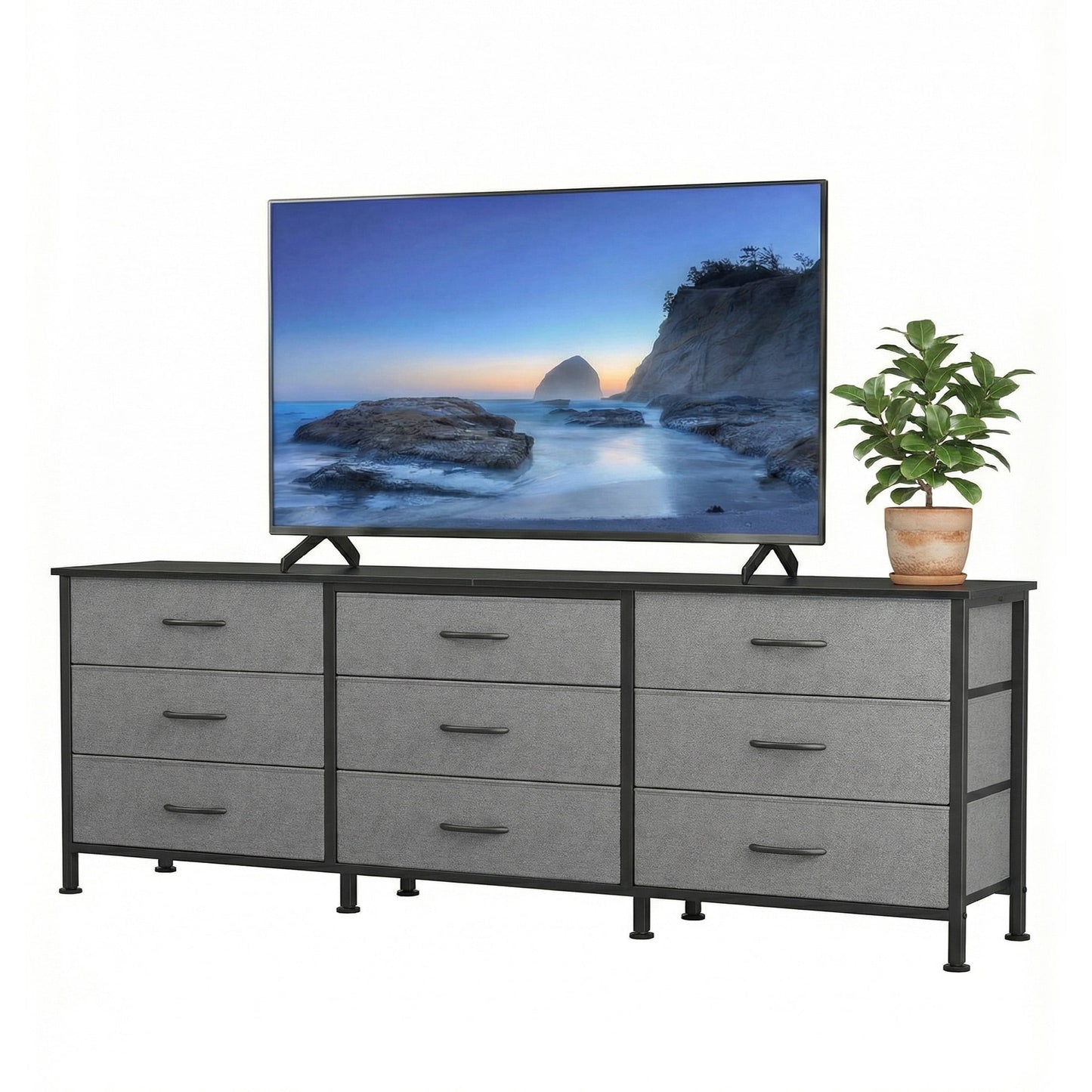 CONCETTA 9 Drawer Storage TV Dresser, Metal Frames Resist Deformation, Adjustable Feet Prevent Tipping, Accommodates TV Up to 75 inch, Suitable for Living Room,Gray