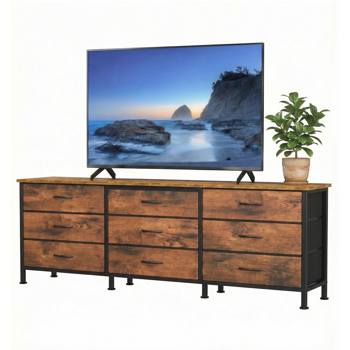 CONCETTA 9 Drawer Storage TV Dresser, Metal Frames Resist Deformation, Adjustable Feet Prevent Tipping, Accommodates TV Up to 75 inch, Suitable for Living Room, Rust Brown